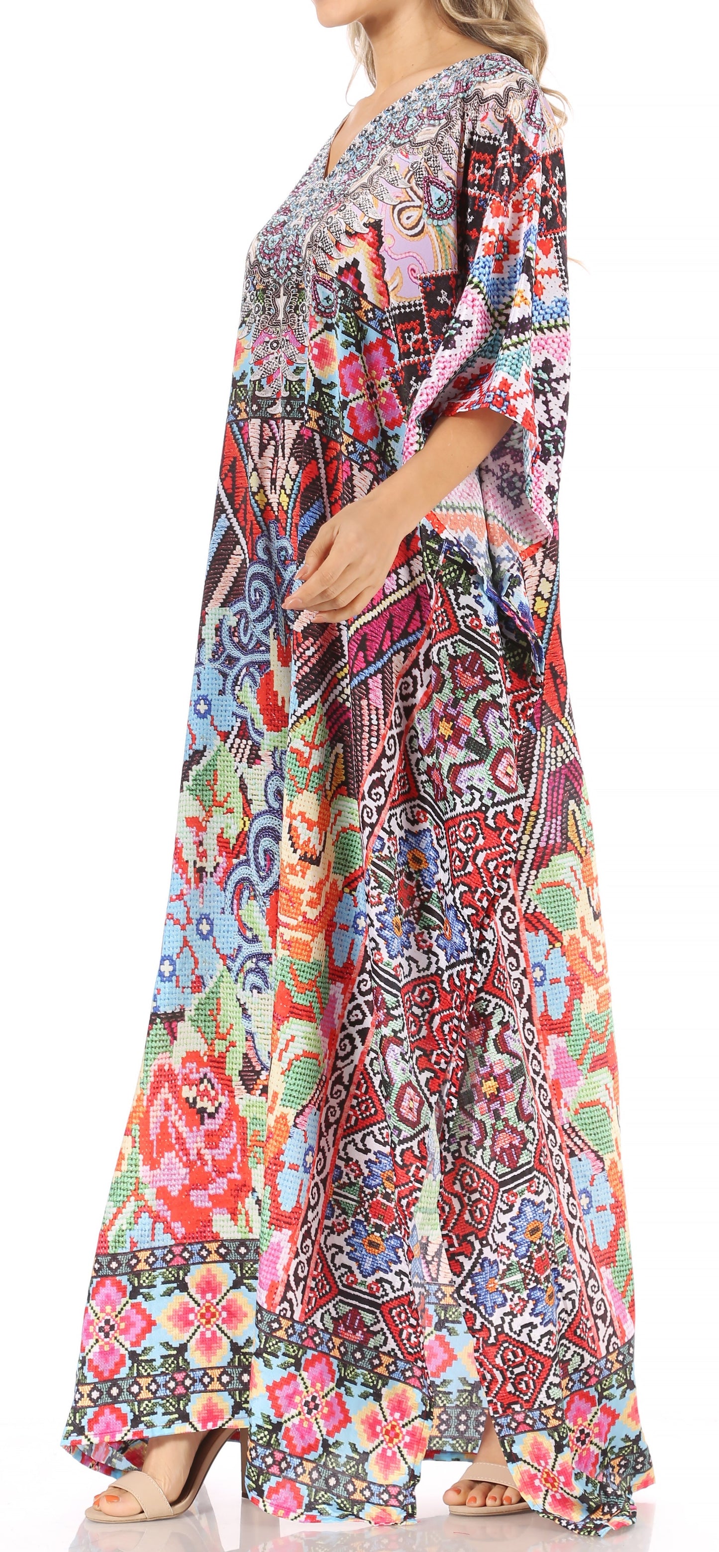 Sakkas Anahi Flowy Design V Neck Long Caftan Dress / Cover Up With Rhinestone - Concordia Style Boutique