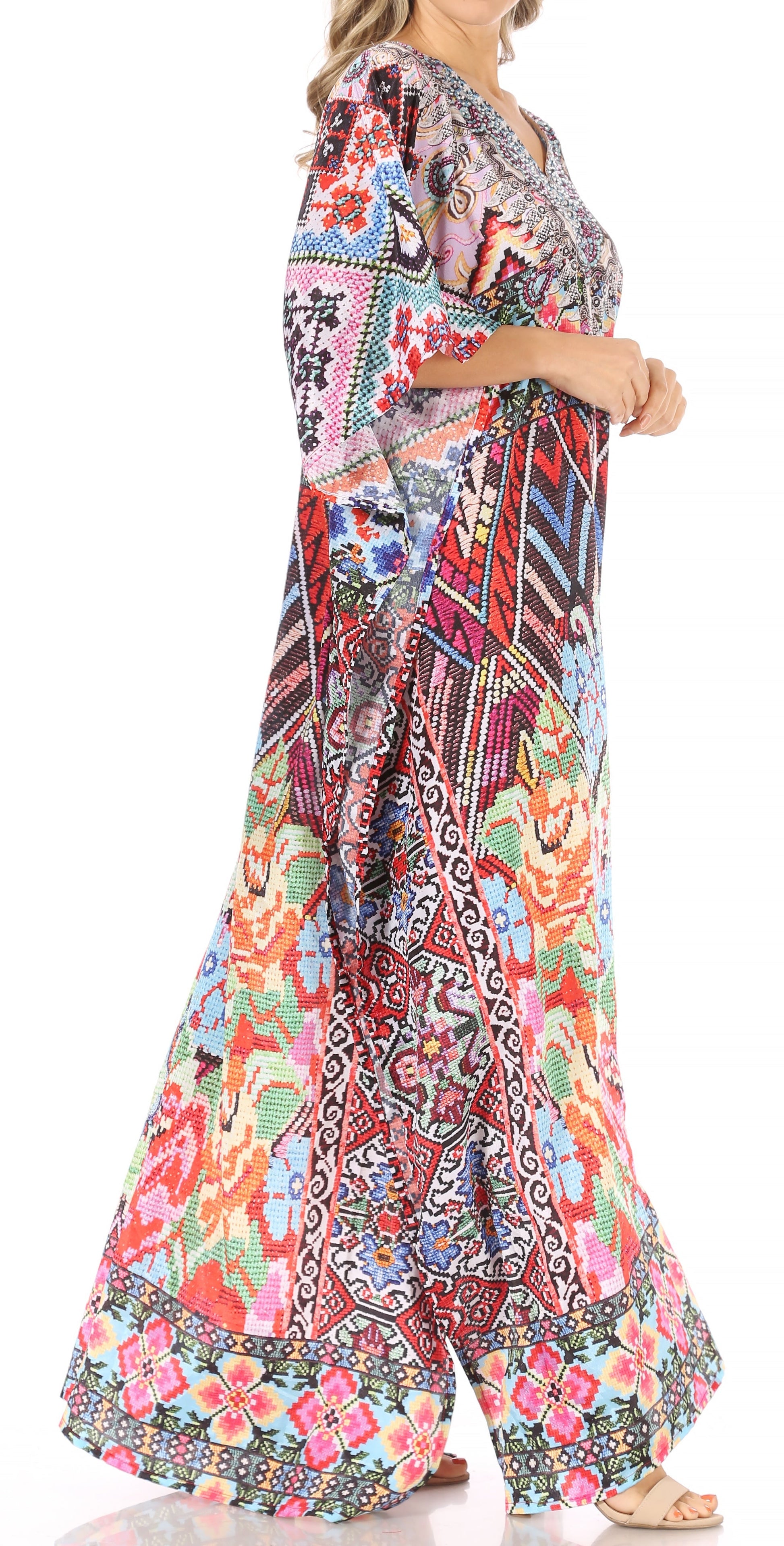 Sakkas Anahi Flowy Design V Neck Long Caftan Dress / Cover Up With Rhinestone - Concordia Style Boutique