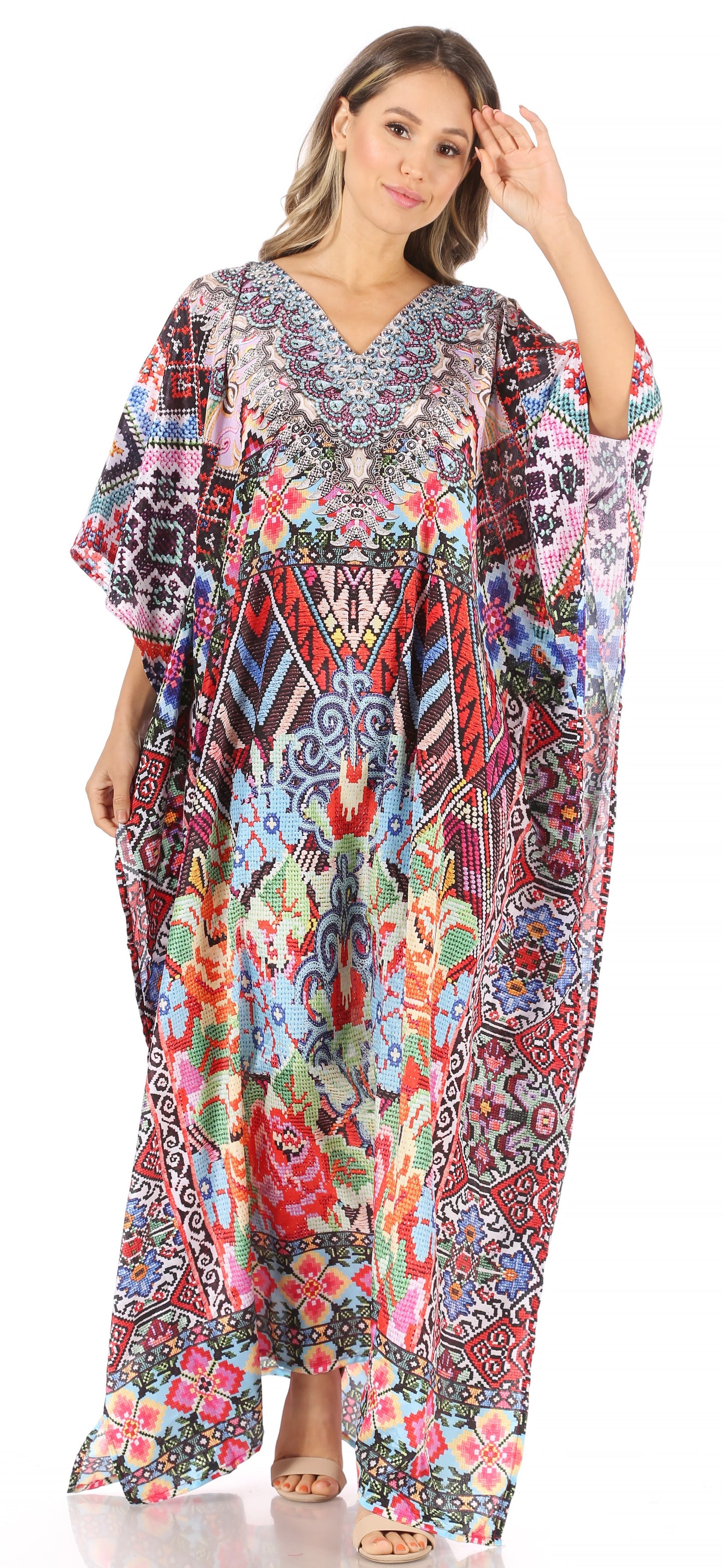 Sakkas Anahi Flowy Design V Neck Long Caftan Dress / Cover Up With Rhinestone - Concordia Style Boutique