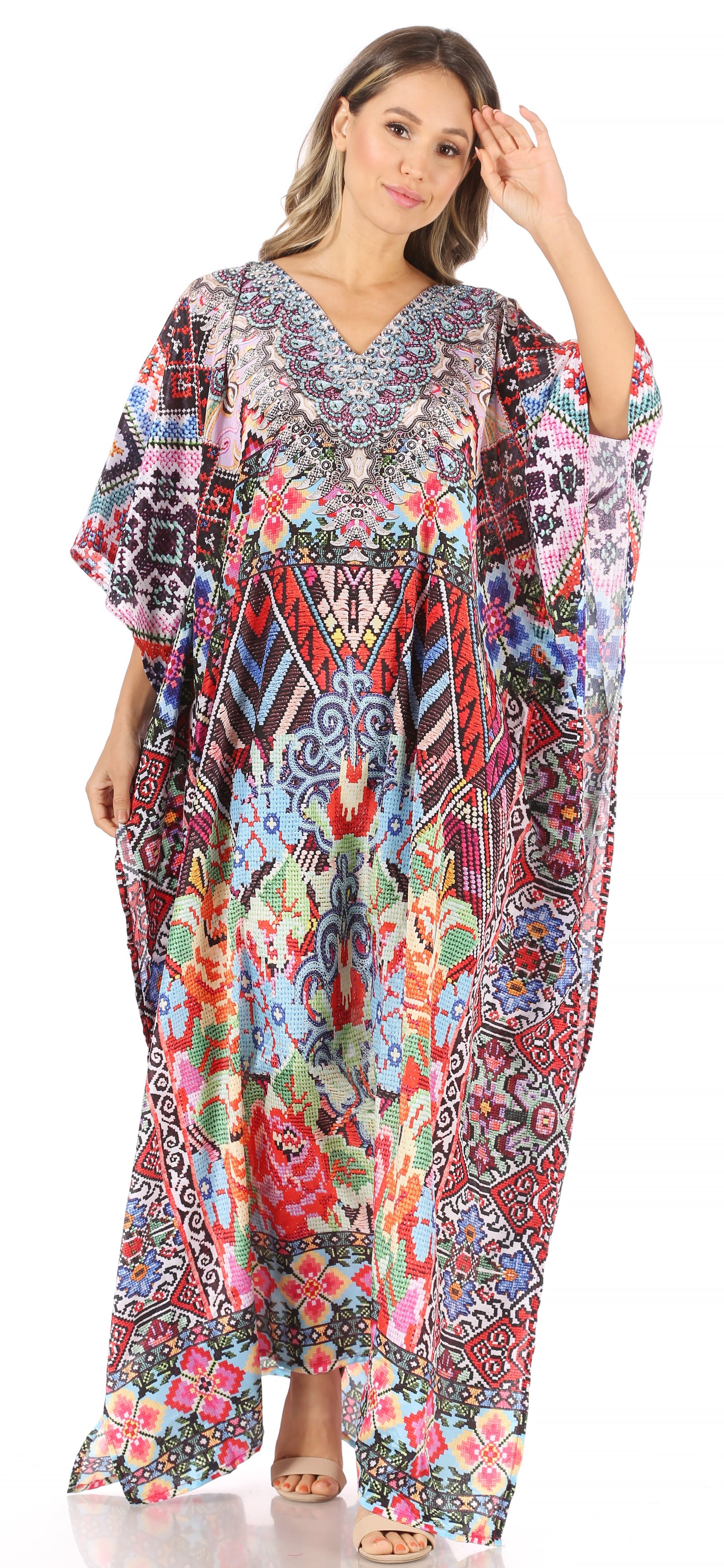 Sakkas Anahi Flowy Design V Neck Long Caftan Dress / Cover Up With Rhinestone - Concordia Style Boutique