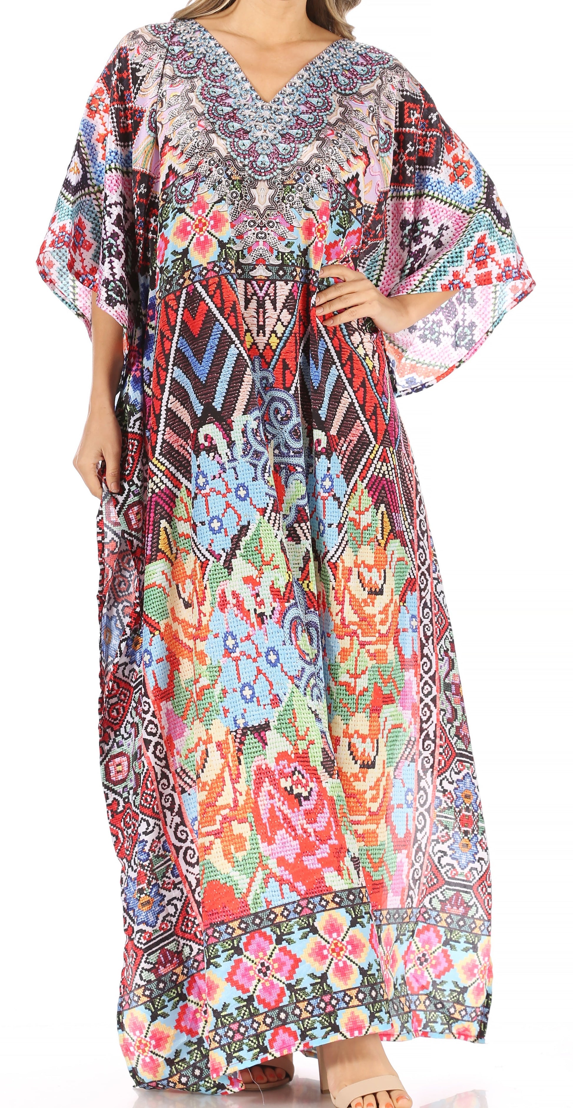 Sakkas Anahi Flowy Design V Neck Long Caftan Dress / Cover Up With Rhinestone - Concordia Style Boutique