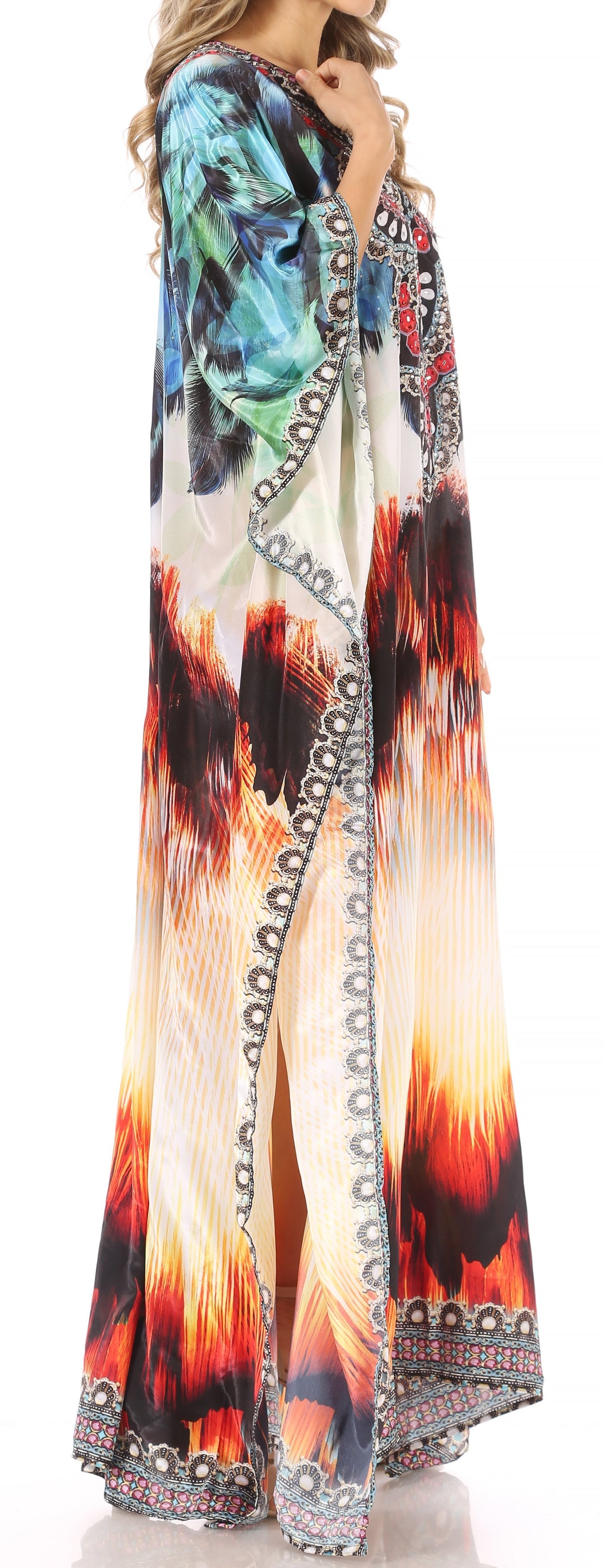 Sakkas Anahi Flowy Design V Neck Long Caftan Dress / Cover Up With Rhinestone - Concordia Style Boutique