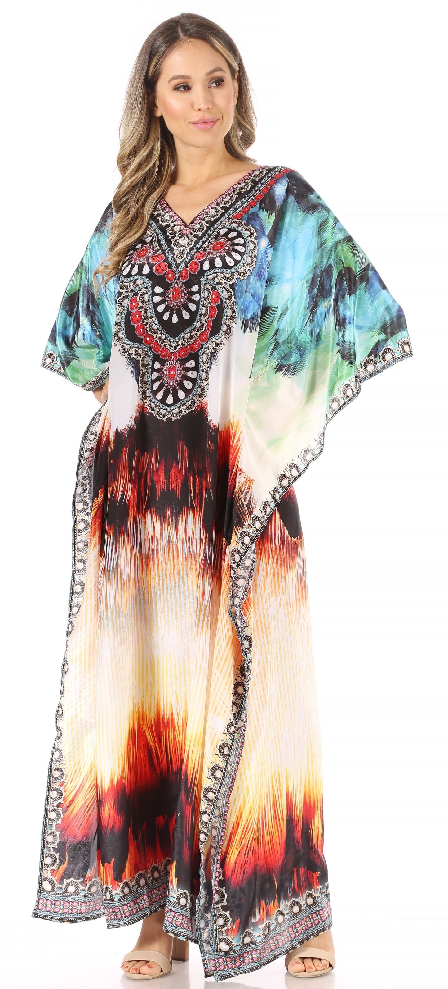 Sakkas Anahi Flowy Design V Neck Long Caftan Dress / Cover Up With Rhinestone - Concordia Style Boutique