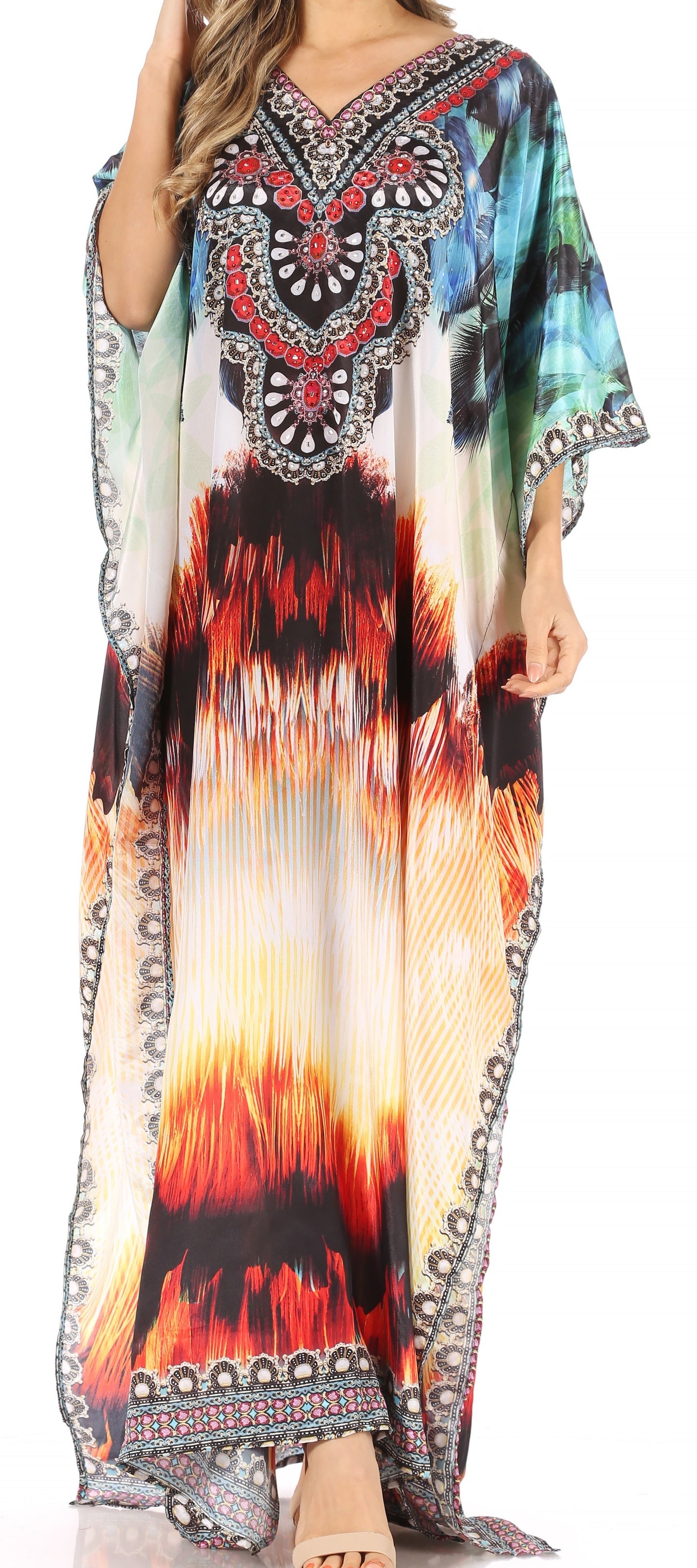 Sakkas Anahi Flowy Design V Neck Long Caftan Dress / Cover Up With Rhinestone - Concordia Style Boutique