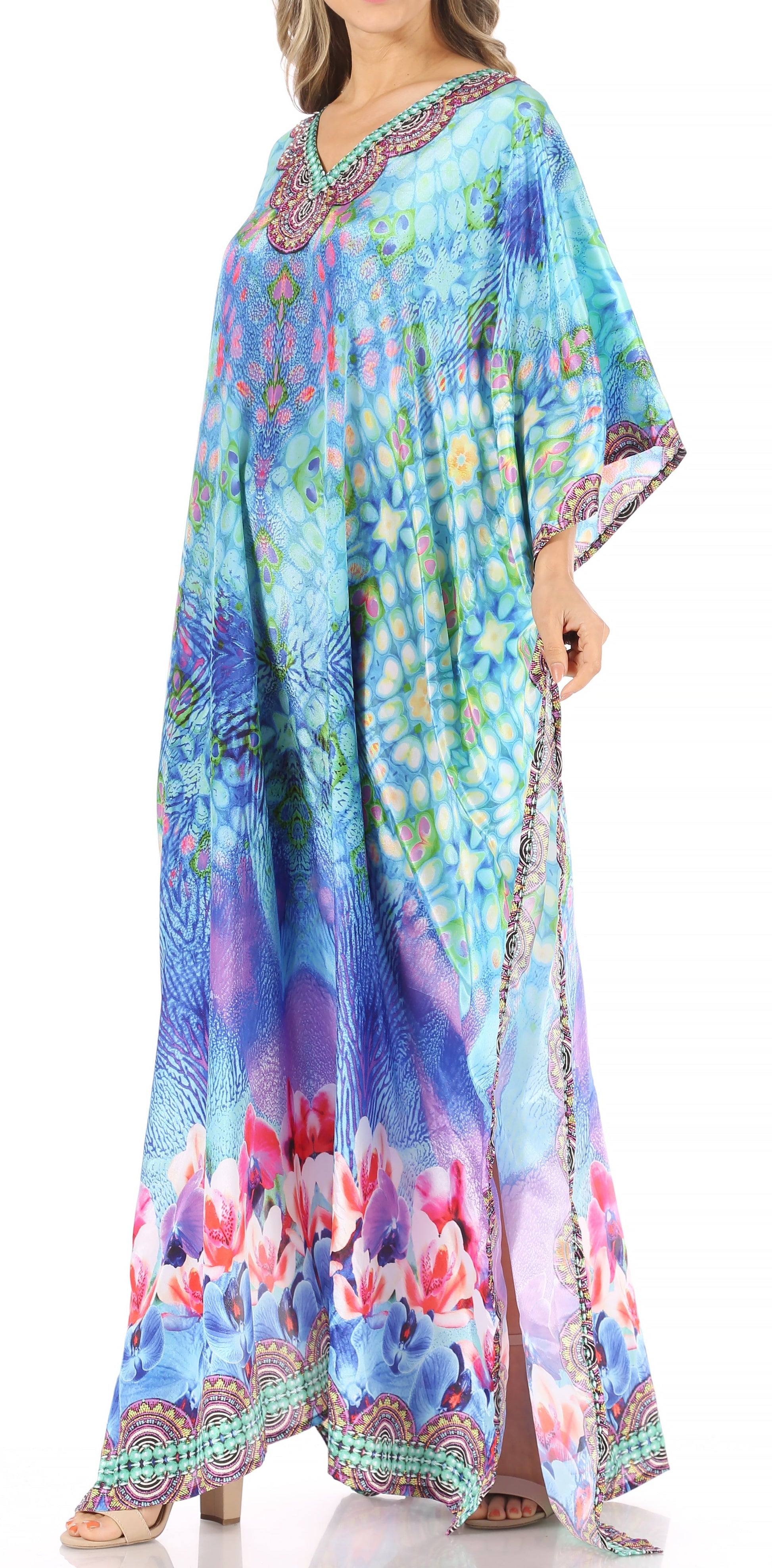 Sakkas Anahi Flowy Design V Neck Long Caftan Dress / Cover Up With Rhinestone - Concordia Style Boutique