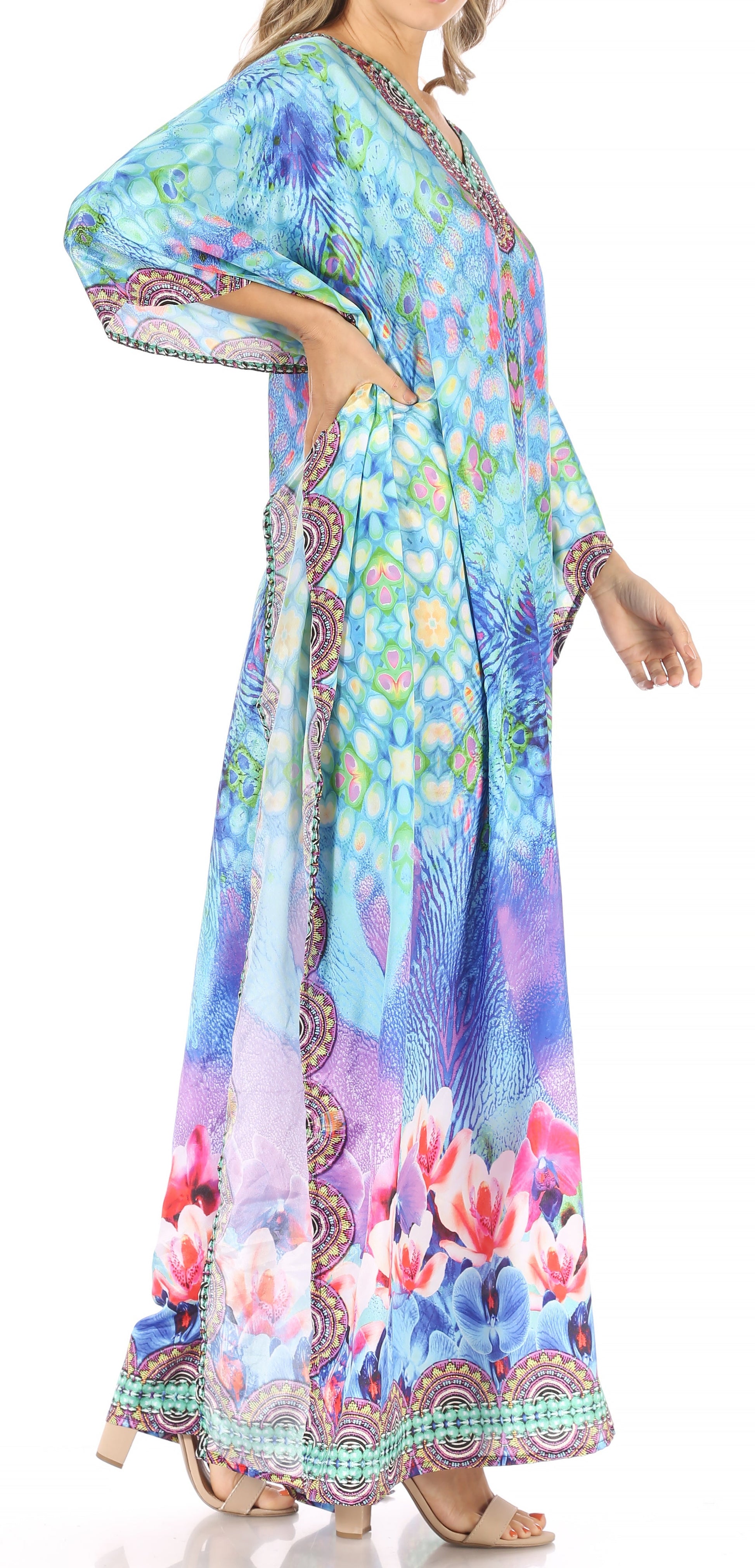 Sakkas Anahi Flowy Design V Neck Long Caftan Dress / Cover Up With Rhinestone - Concordia Style Boutique