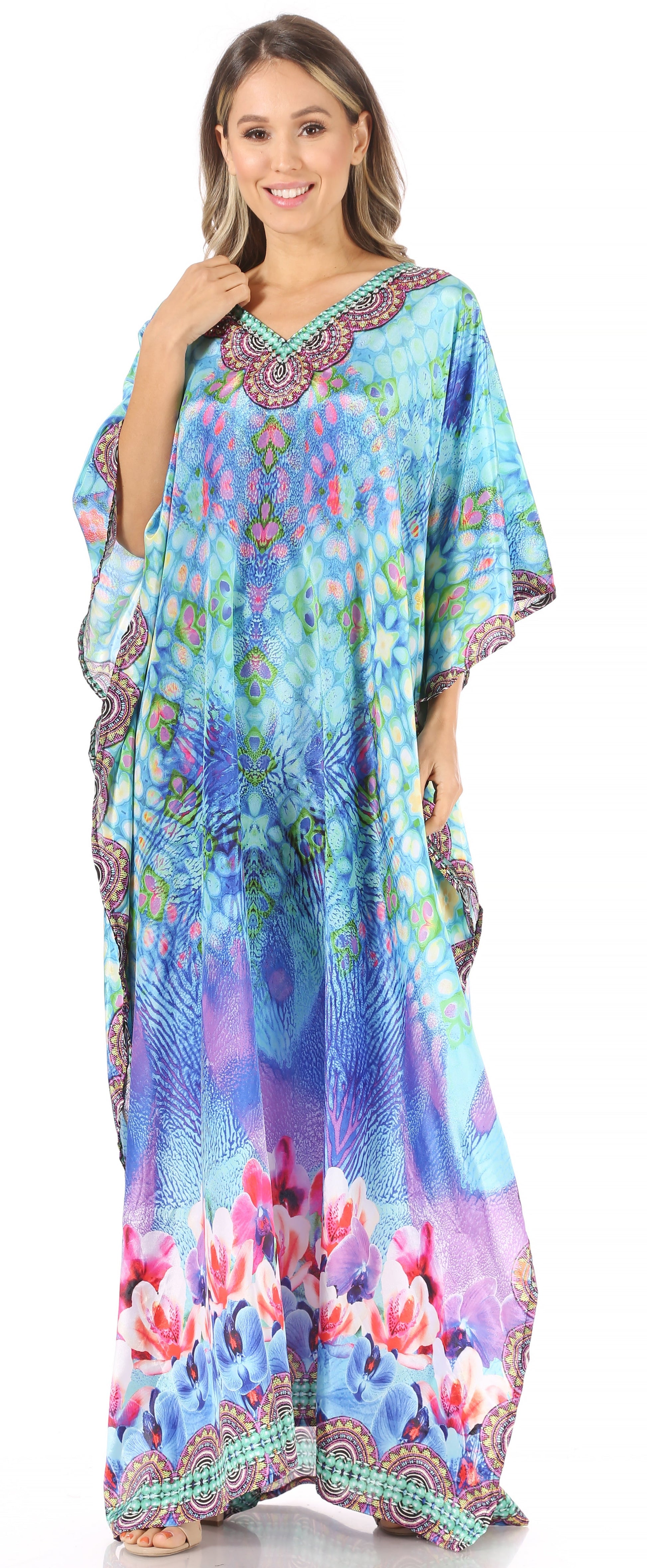 Sakkas Anahi Flowy Design V Neck Long Caftan Dress / Cover Up With Rhinestone - Concordia Style Boutique