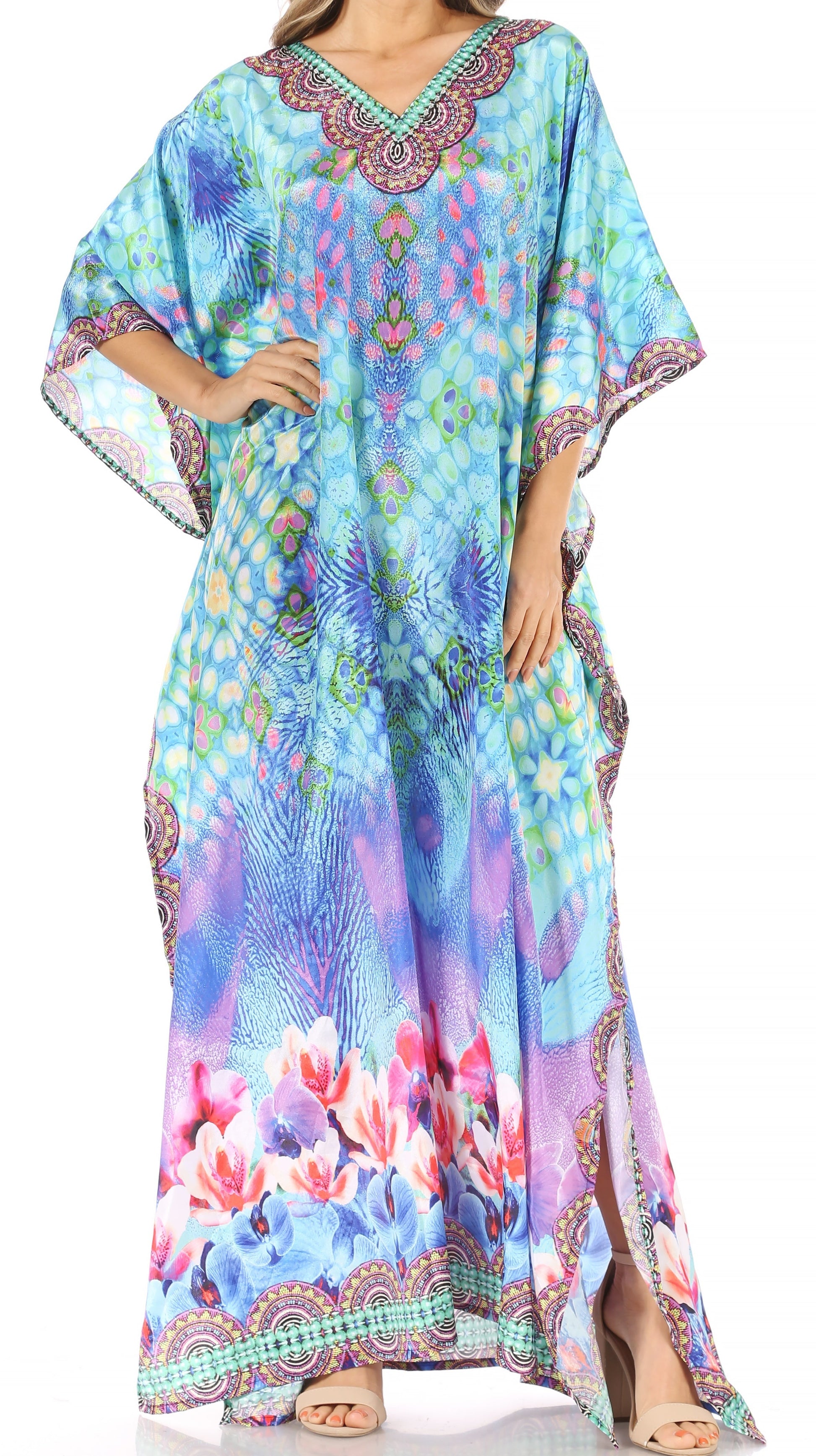 Sakkas Anahi Flowy Design V Neck Long Caftan Dress / Cover Up With Rhinestone - Concordia Style Boutique