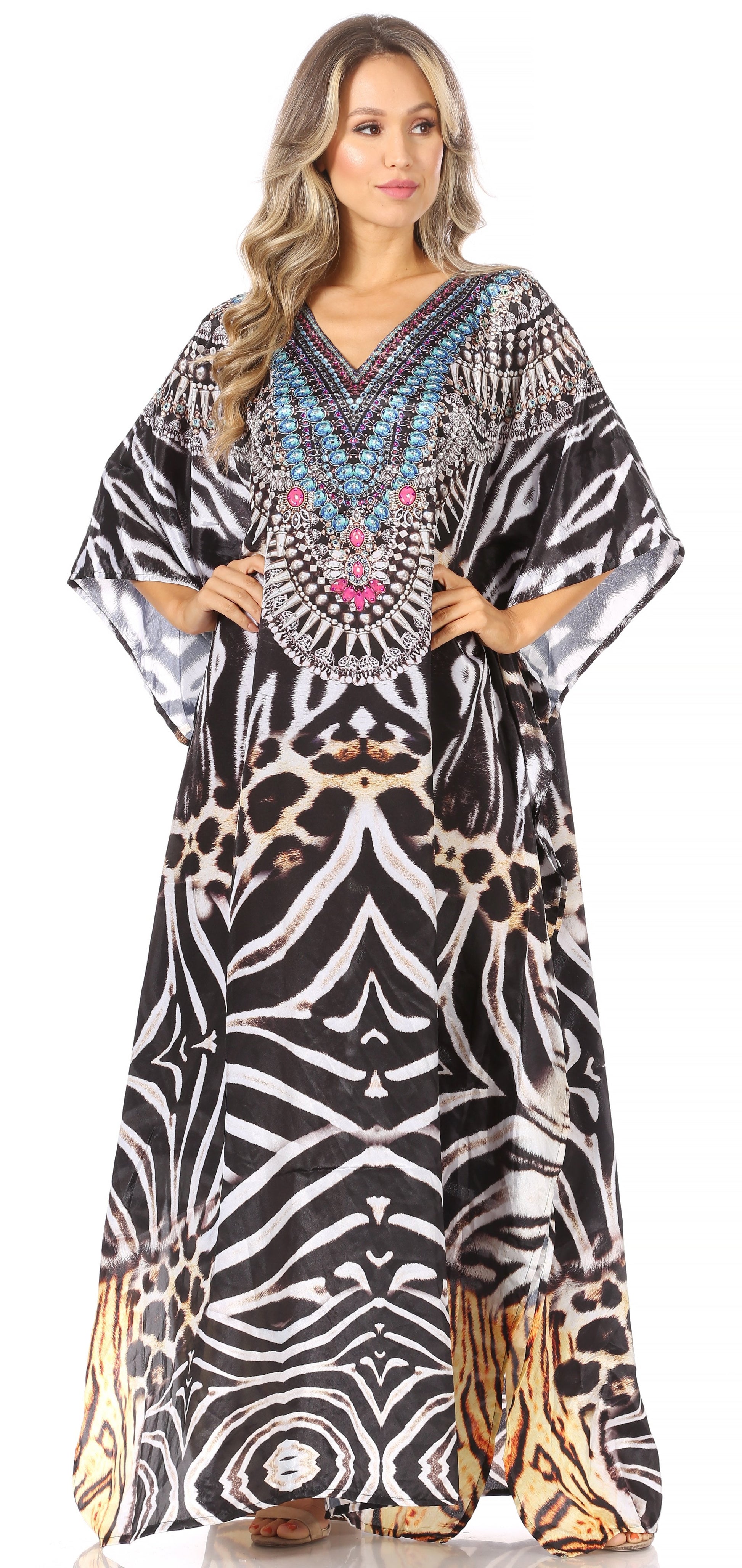 Sakkas Anahi Flowy Design V Neck Long Caftan Dress / Cover Up With Rhinestone - Concordia Style Boutique