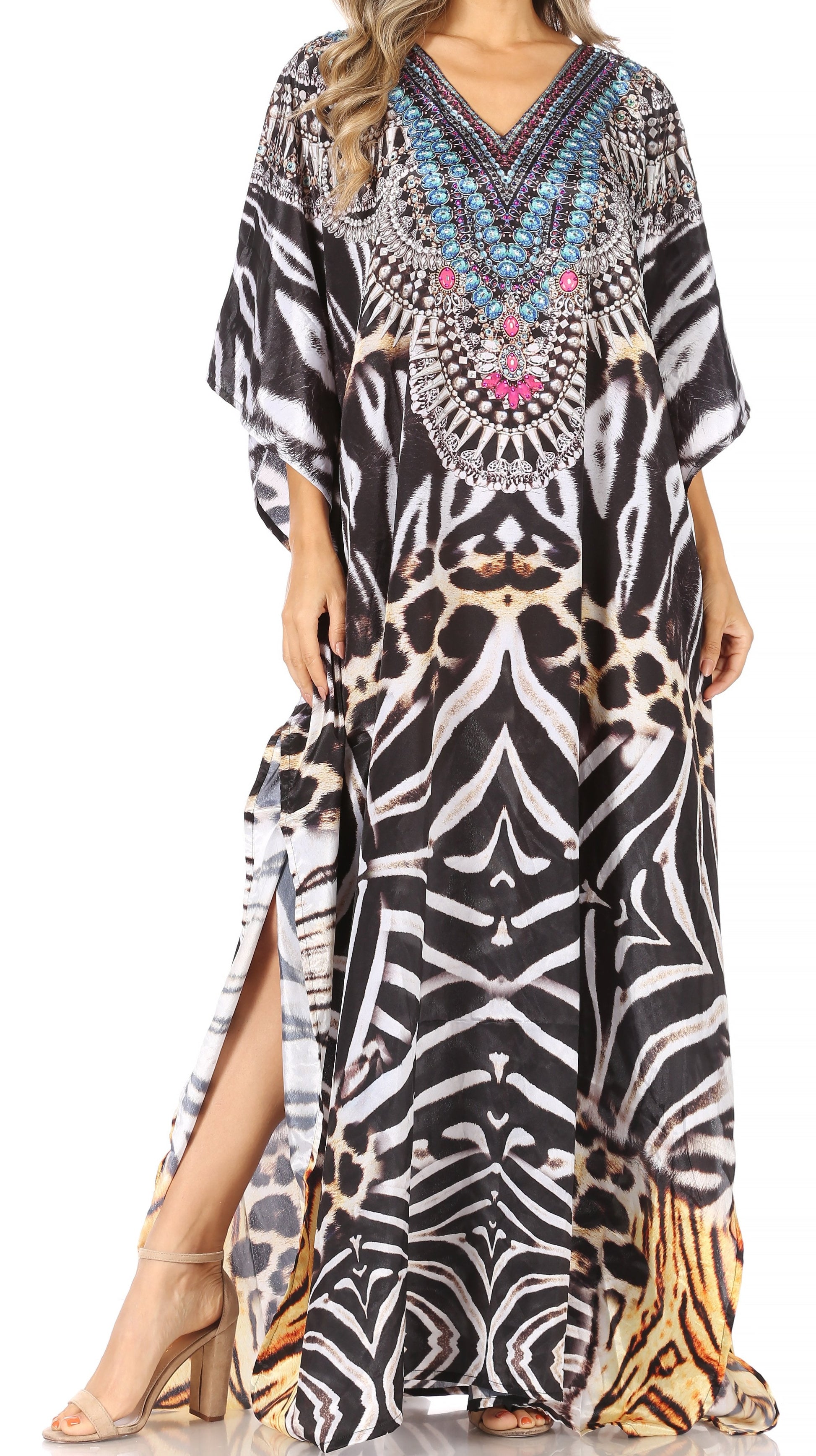 Sakkas Anahi Flowy Design V Neck Long Caftan Dress / Cover Up With Rhinestone - Concordia Style Boutique