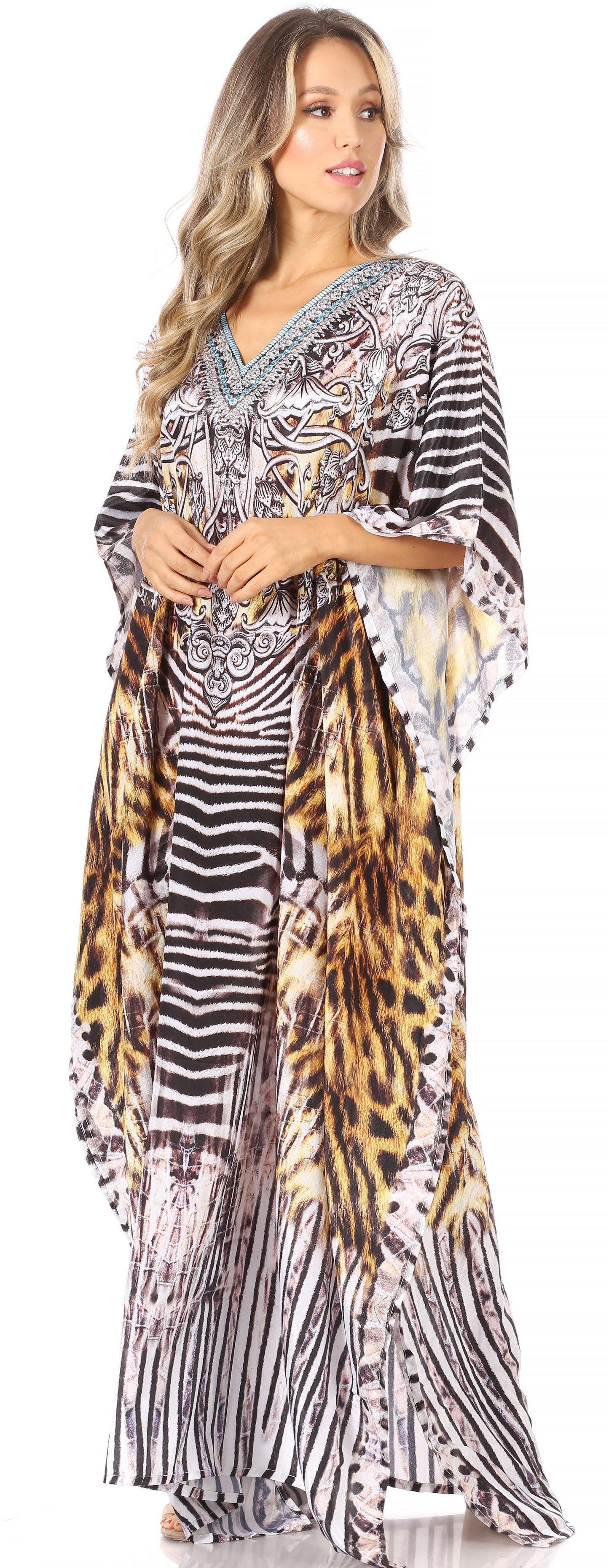 Sakkas Anahi Flowy Design V Neck Long Caftan Dress / Cover Up With Rhinestone - Concordia Style Boutique