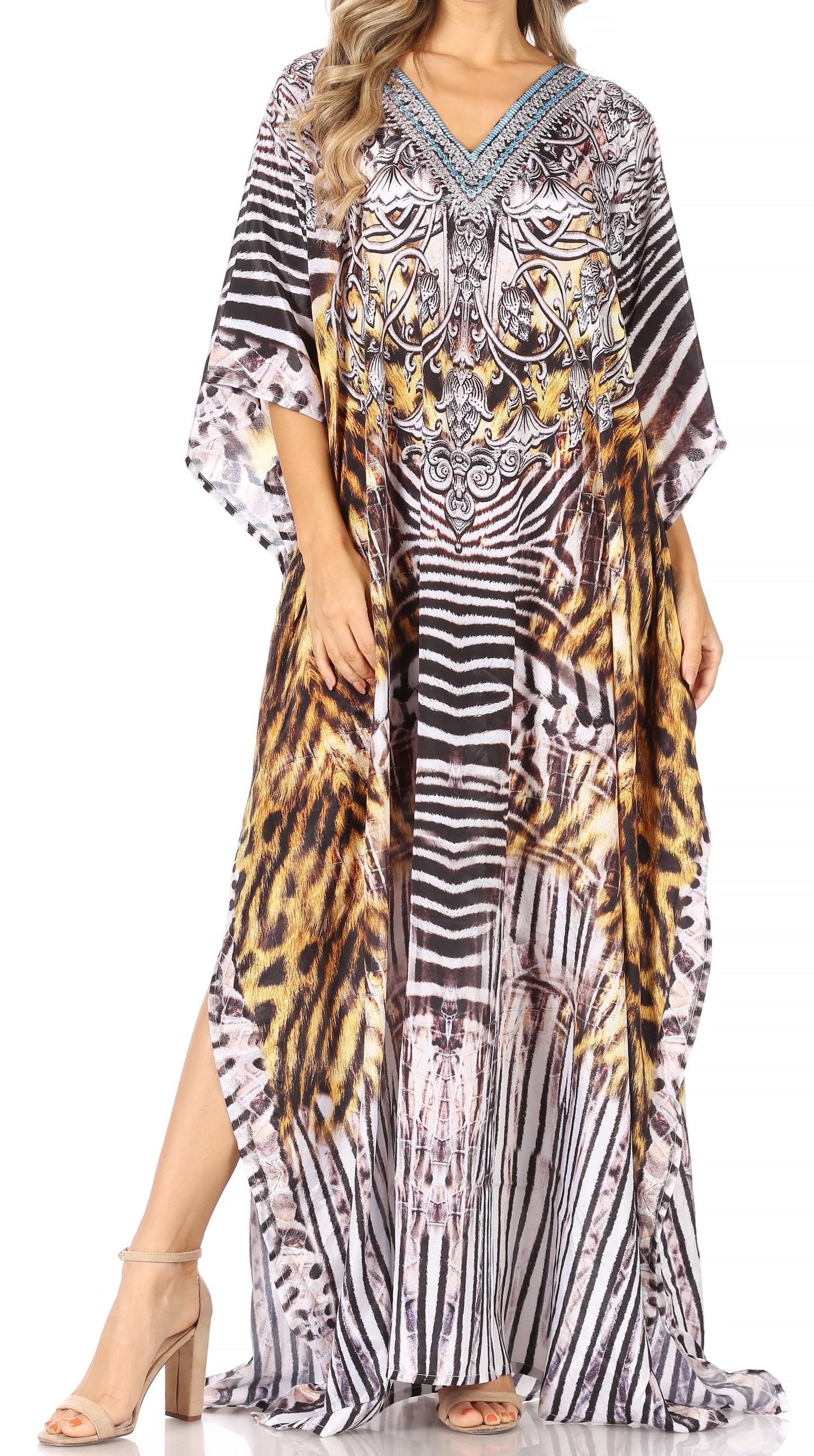 Sakkas Anahi Flowy Design V Neck Long Caftan Dress / Cover Up With Rhinestone - Concordia Style Boutique