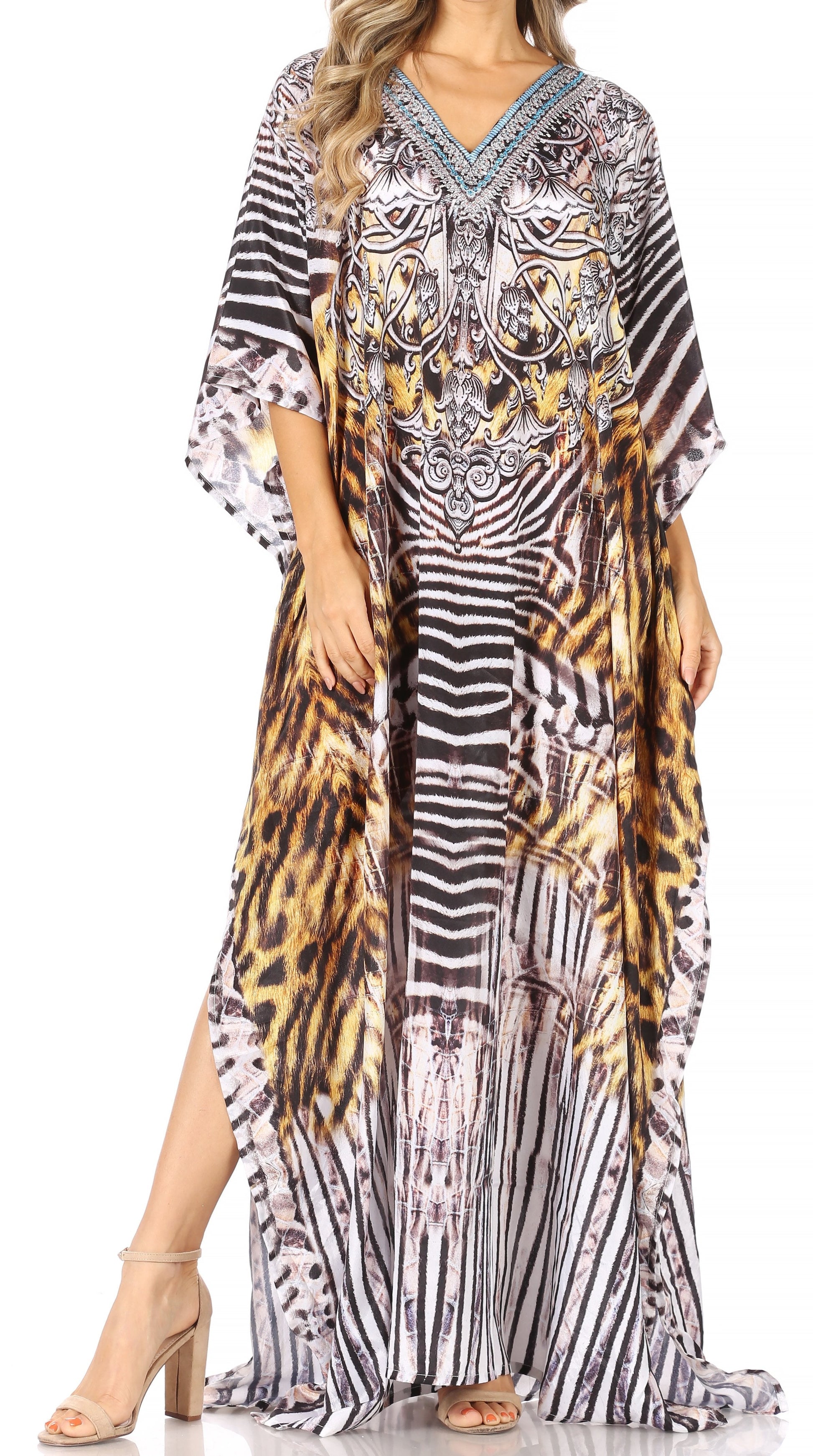 Sakkas Anahi Flowy Design V Neck Long Caftan Dress / Cover Up With Rhinestone - Concordia Style Boutique