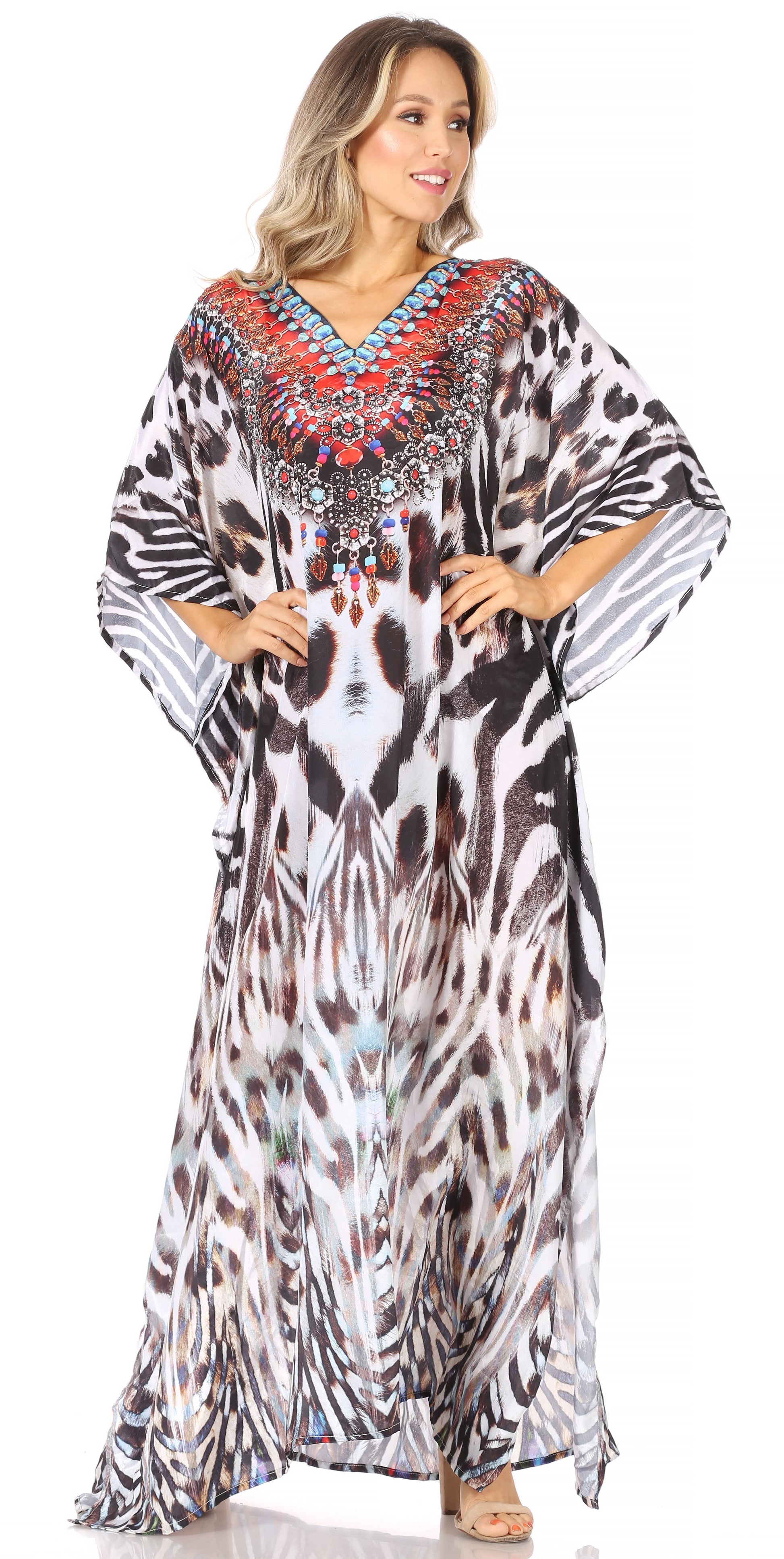 Sakkas Anahi Flowy Design V Neck Long Caftan Dress / Cover Up With Rhinestone - Concordia Style Boutique