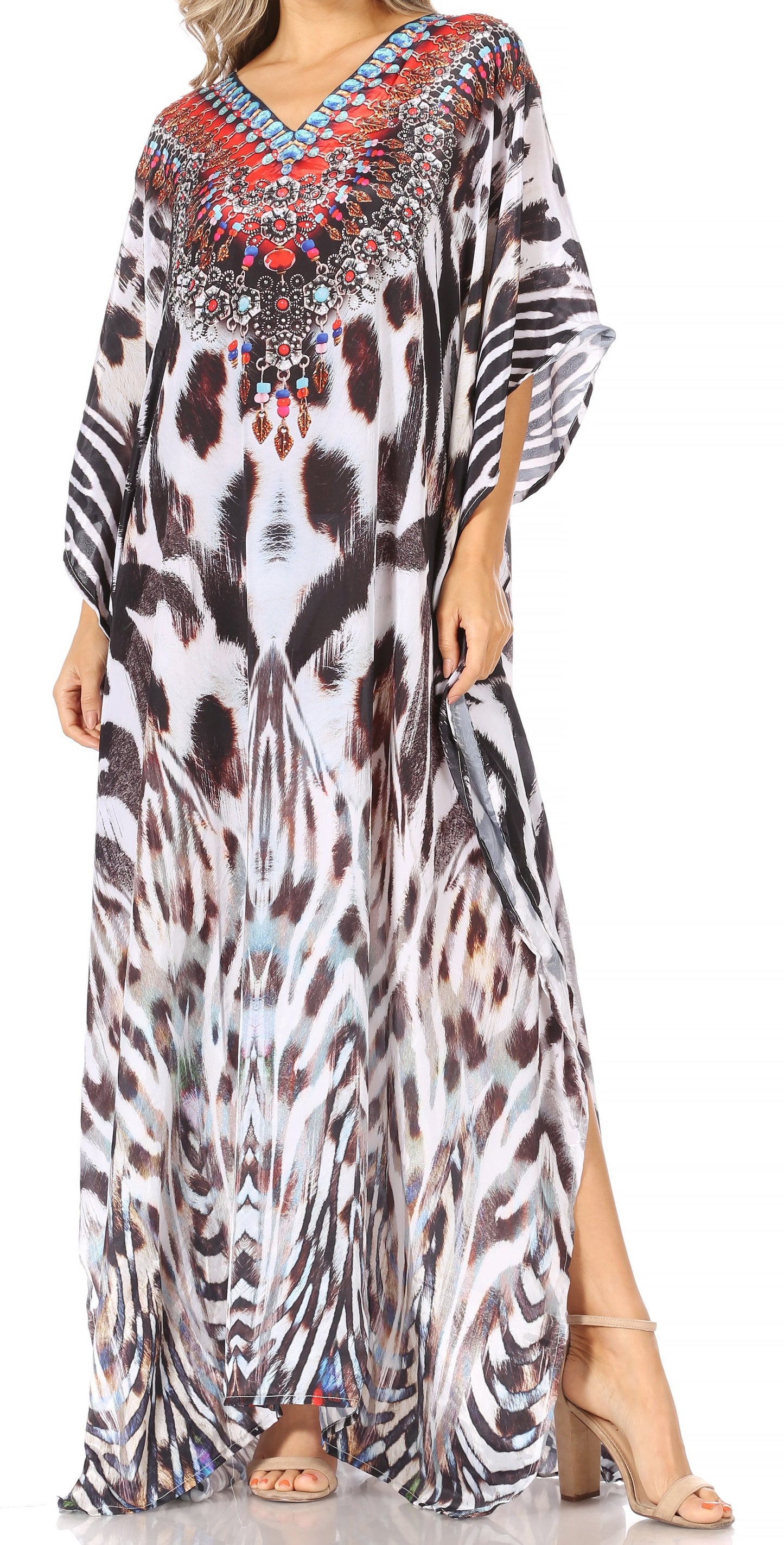 Sakkas Anahi Flowy Design V Neck Long Caftan Dress / Cover Up With Rhinestone - Concordia Style Boutique