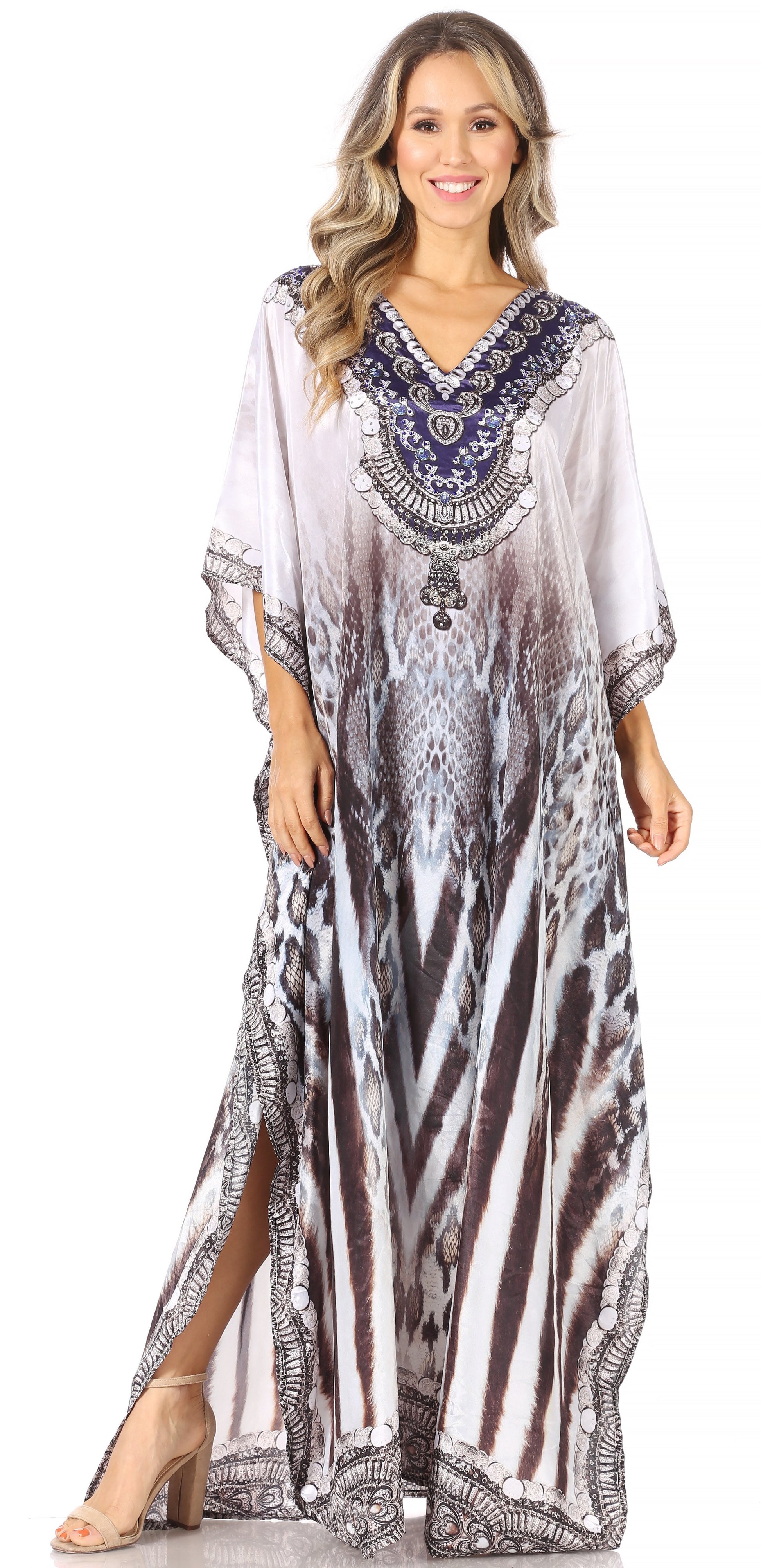 Sakkas Anahi Flowy Design V Neck Long Caftan Dress / Cover Up With Rhinestone - Concordia Style Boutique