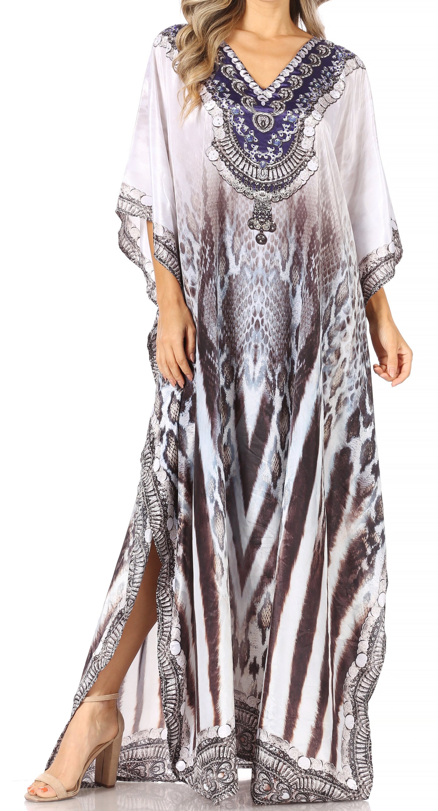 Sakkas Anahi Flowy Design V Neck Long Caftan Dress / Cover Up With Rhinestone - Concordia Style Boutique
