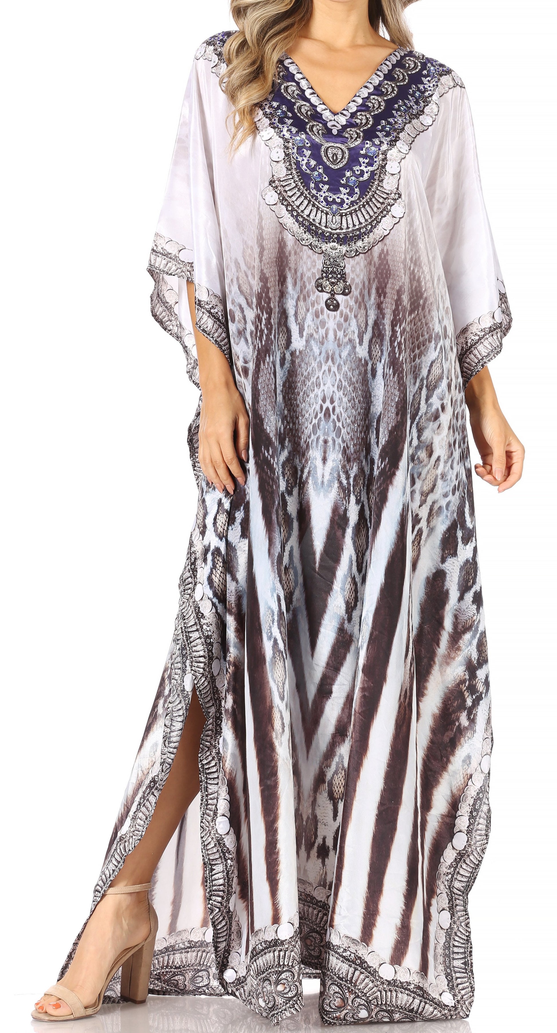 Sakkas Anahi Flowy Design V Neck Long Caftan Dress / Cover Up With Rhinestone - Concordia Style Boutique