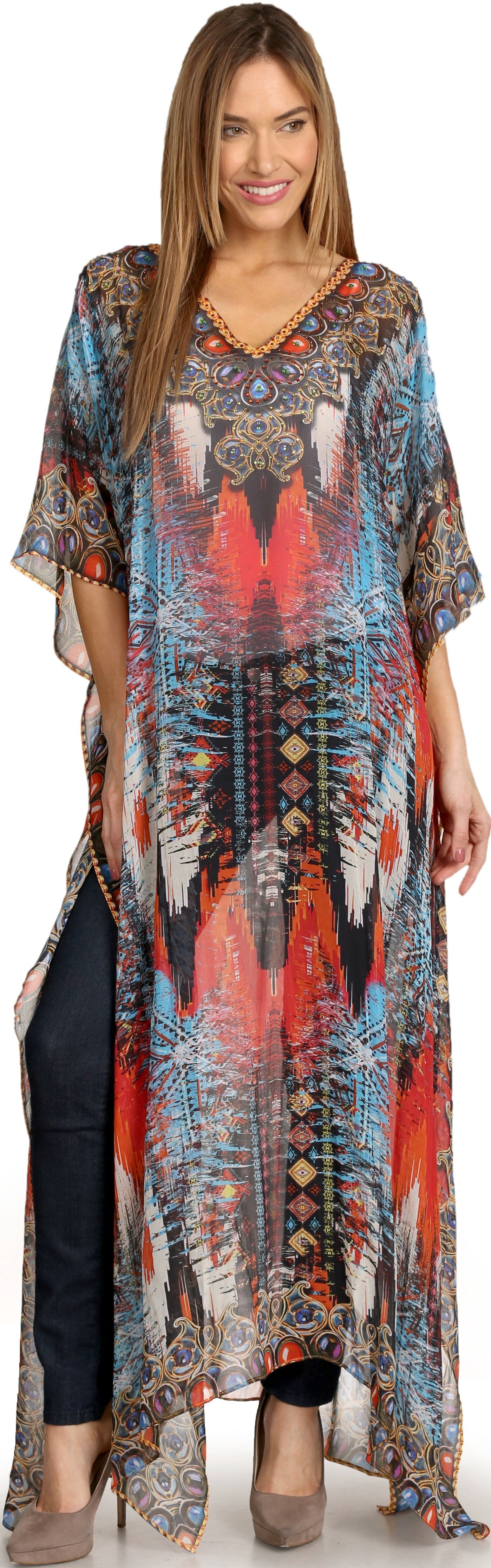 Sakkas Wilder Printed Design Long Sheer Rhinestone Caftan Dress / Cover Up - Concordia Style Boutique