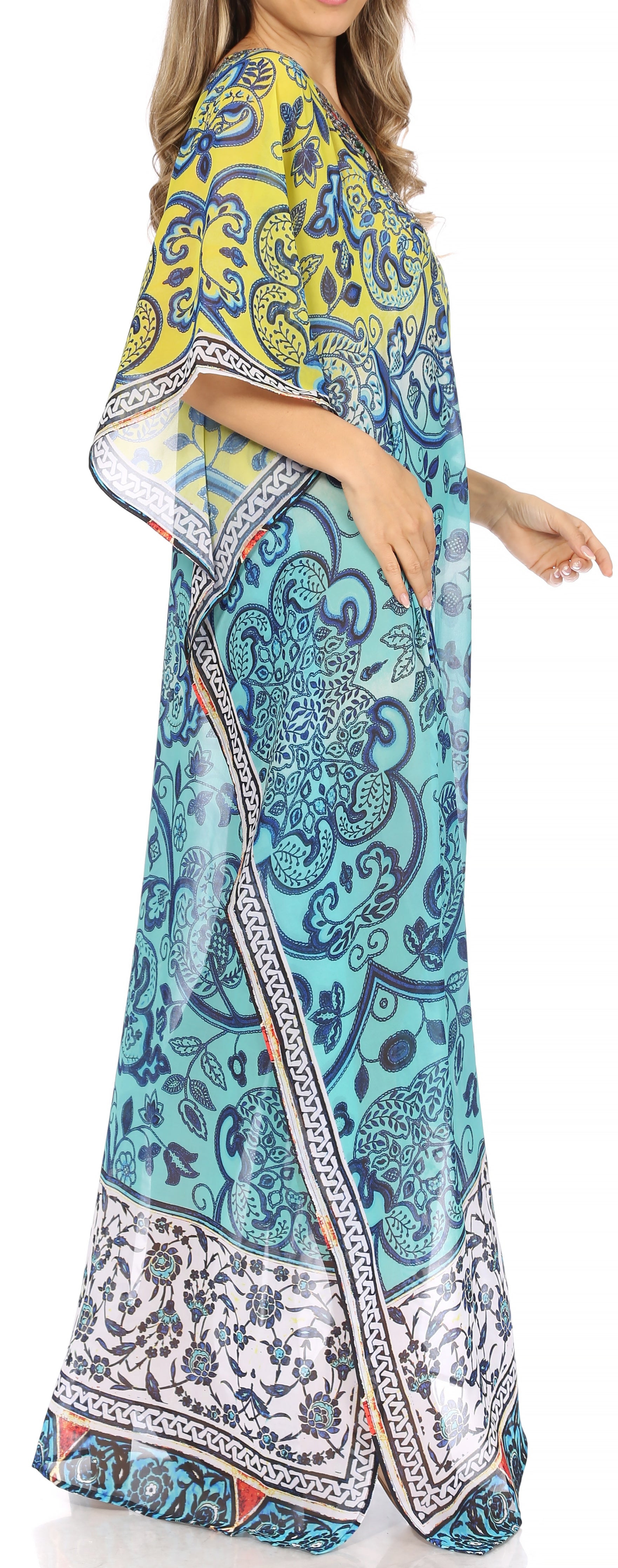 Sakkas Wilder Printed Design Long Sheer Rhinestone Caftan Dress / Cover Up - Concordia Style Boutique