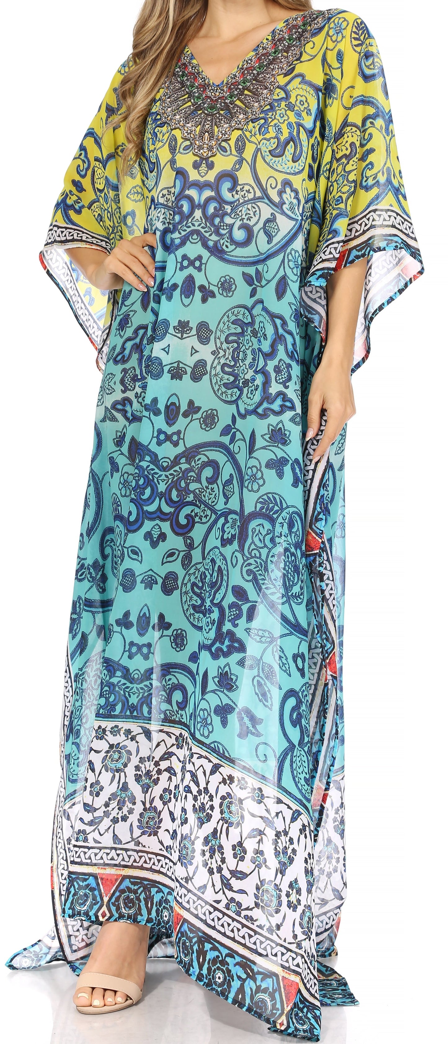 Sakkas Wilder Printed Design Long Sheer Rhinestone Caftan Dress / Cover Up - Concordia Style Boutique