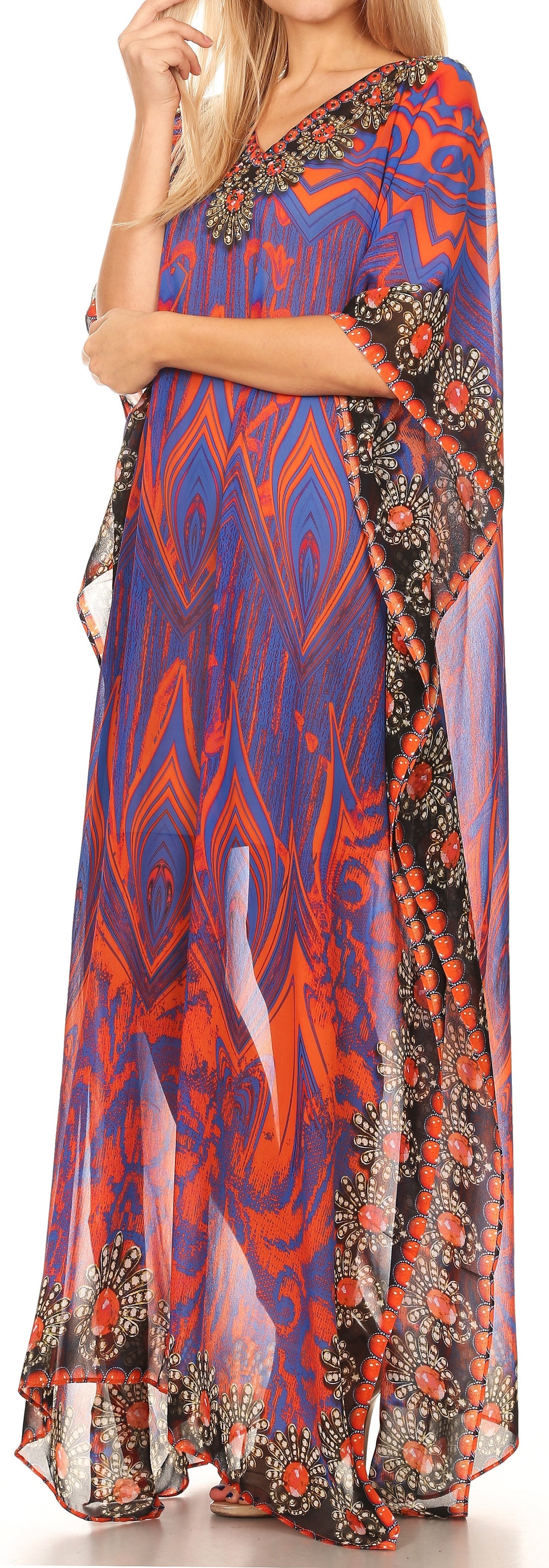 Sakkas Wilder Printed Design Long Sheer Rhinestone Caftan Dress / Cover Up - Concordia Style Boutique