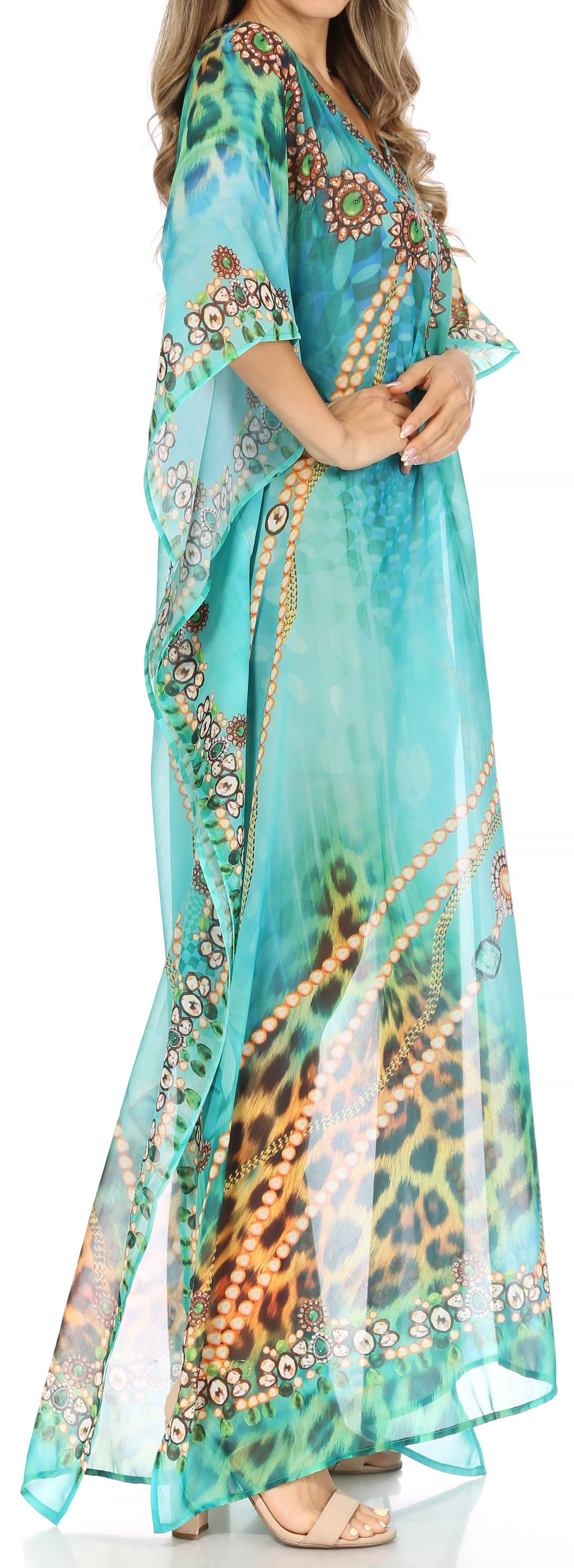 Sakkas Wilder Printed Design Long Sheer Rhinestone Caftan Dress / Cover Up - Concordia Style Boutique