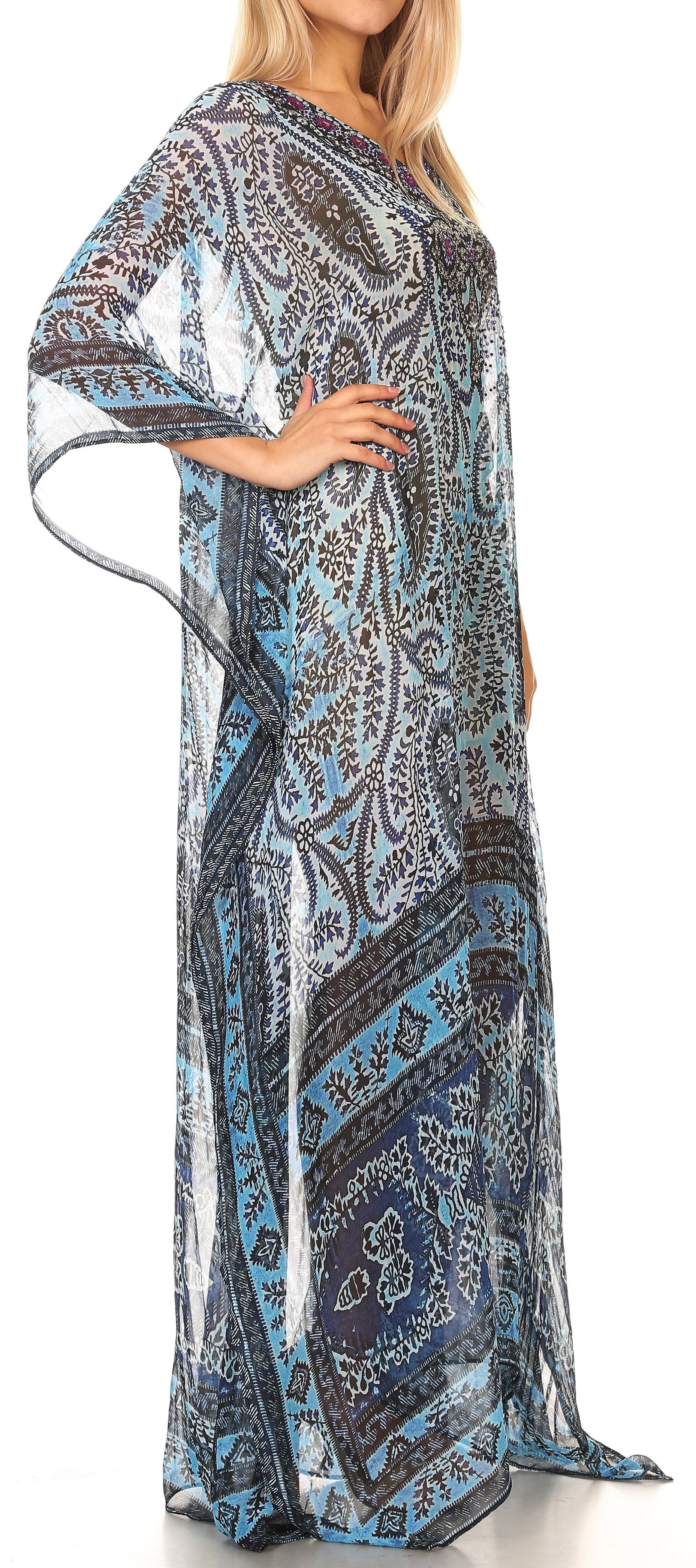 Sakkas Wilder Printed Design Long Sheer Rhinestone Caftan Dress / Cover Up - Concordia Style Boutique