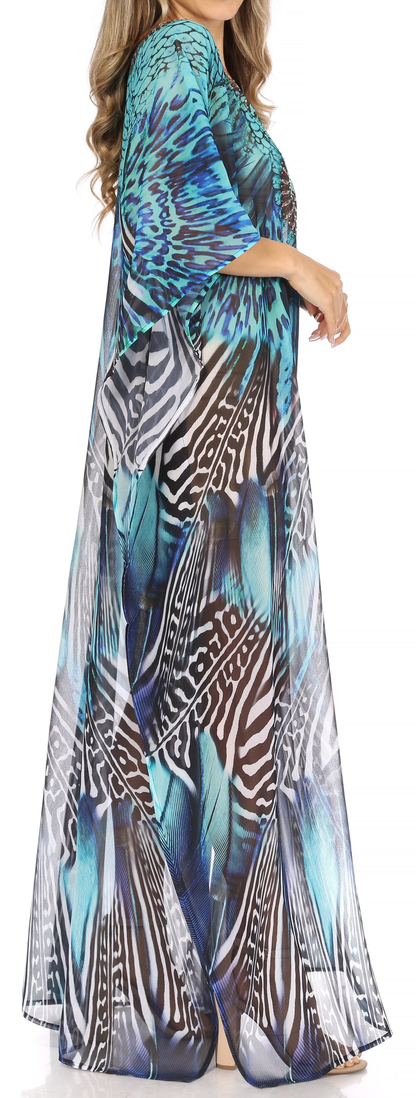 Sakkas Wilder Printed Design Long Sheer Rhinestone Caftan Dress / Cover Up - Concordia Style Boutique