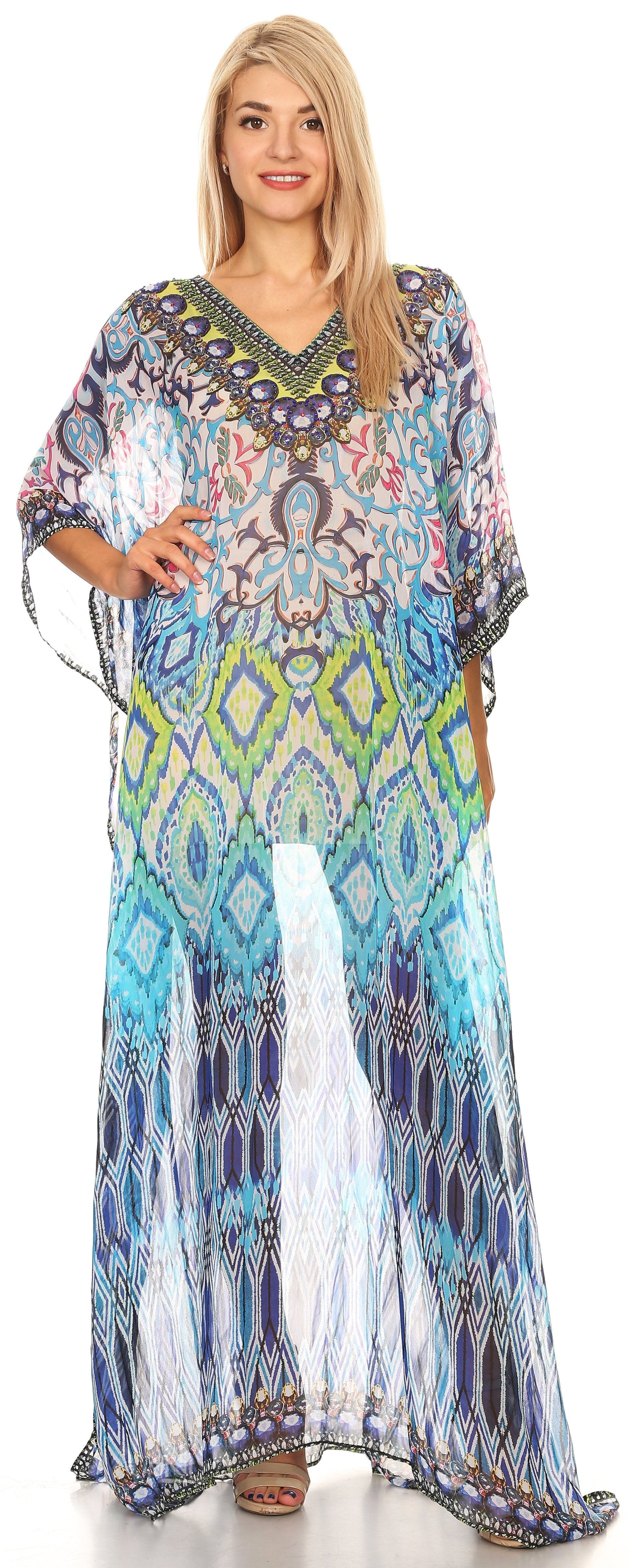 Sakkas Wilder Printed Design Long Sheer Rhinestone Caftan Dress / Cover Up - Concordia Style Boutique