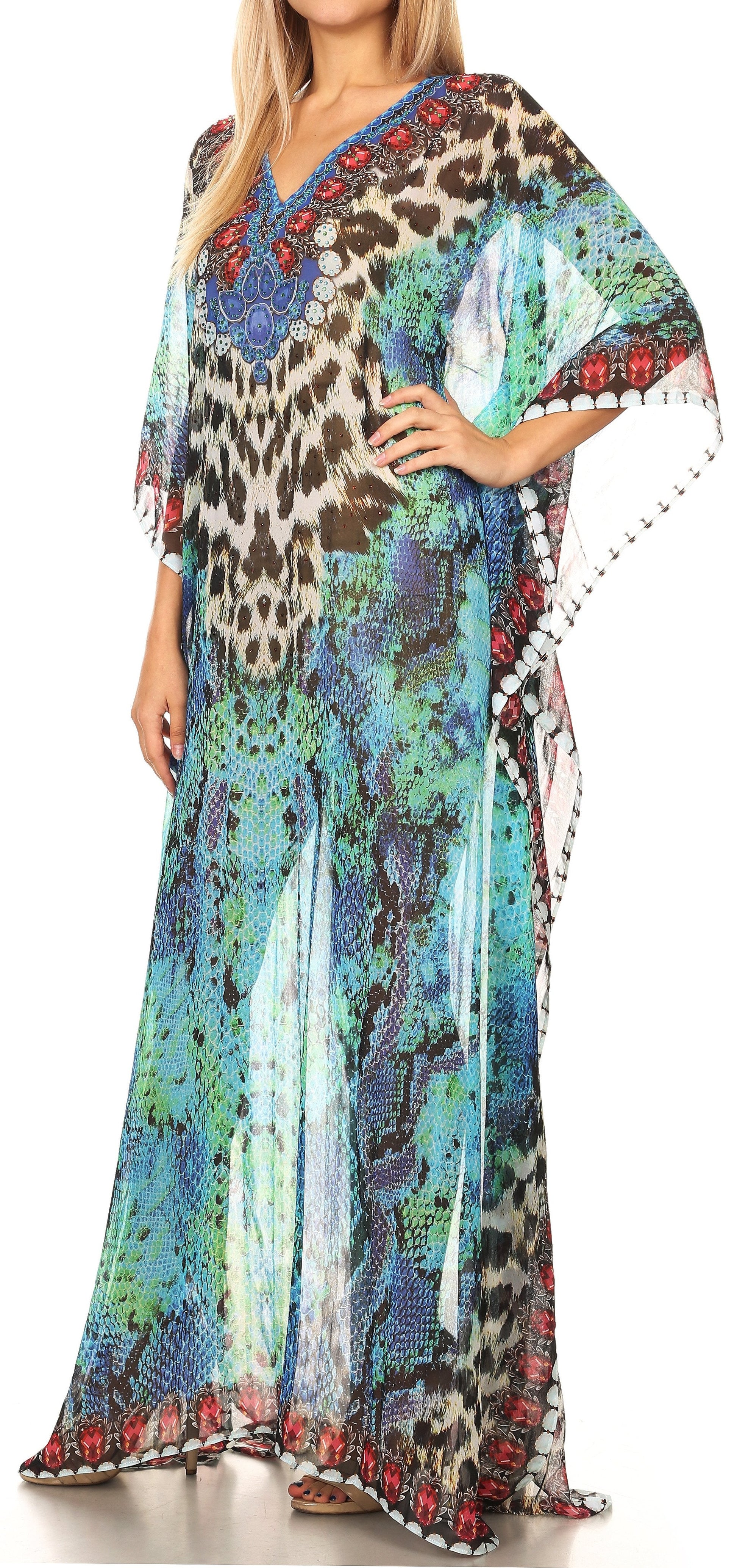Sakkas Wilder Printed Design Long Sheer Rhinestone Caftan Dress / Cover Up - Concordia Style Boutique