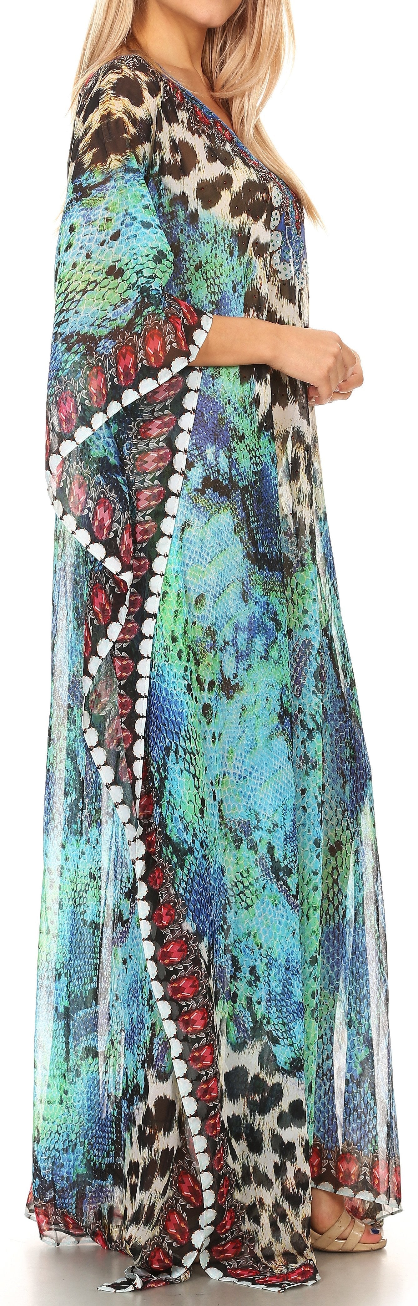 Sakkas Wilder Printed Design Long Sheer Rhinestone Caftan Dress / Cover Up - Concordia Style Boutique