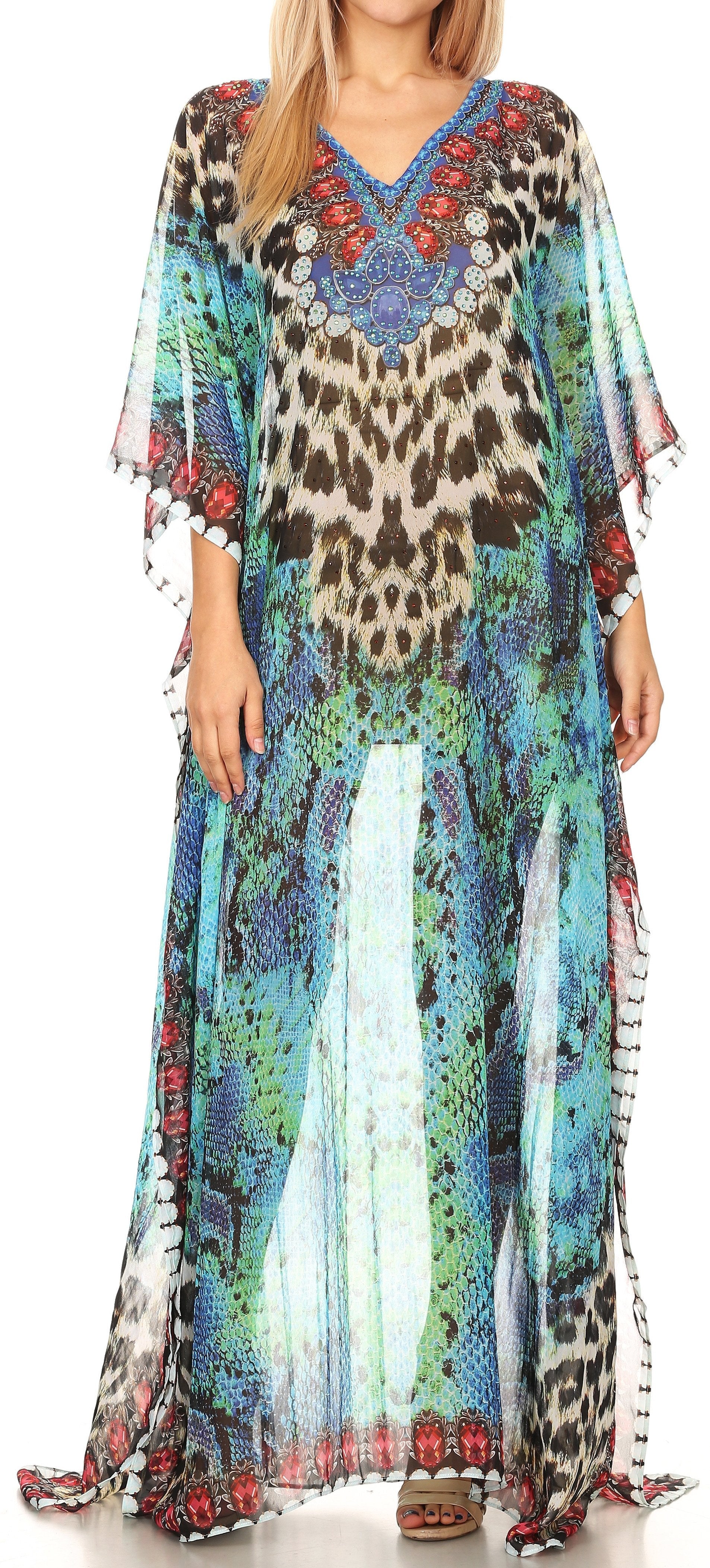 Sakkas Wilder Printed Design Long Sheer Rhinestone Caftan Dress / Cover Up - Concordia Style Boutique