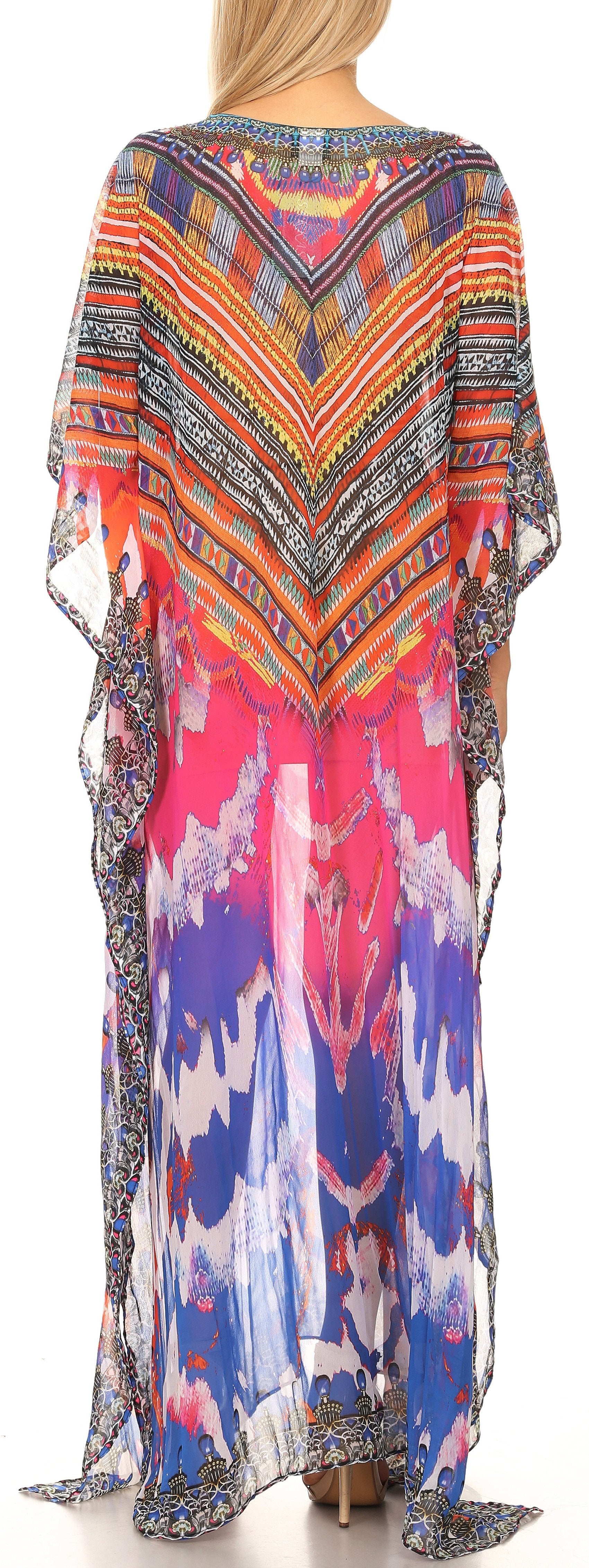 Sakkas Wilder Printed Design Long Sheer Rhinestone Caftan Dress / Cover Up - Concordia Style Boutique