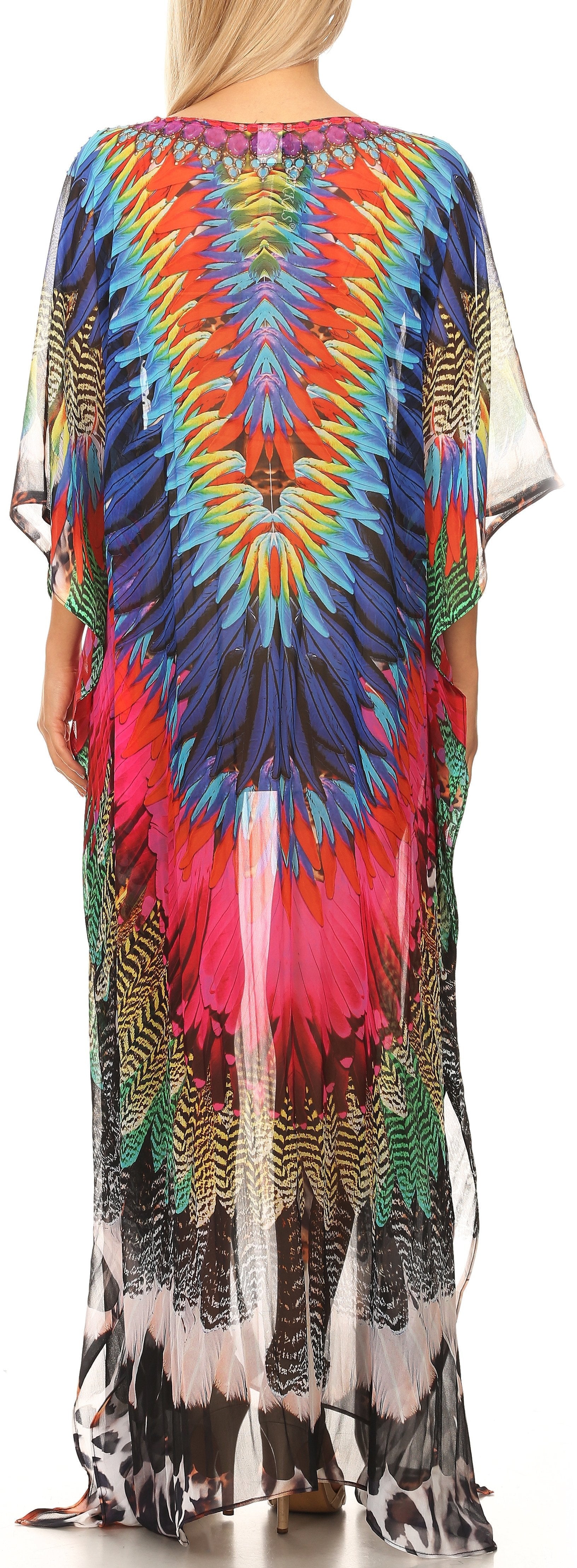 Sakkas Wilder Printed Design Long Sheer Rhinestone Caftan Dress / Cover Up - Concordia Style Boutique