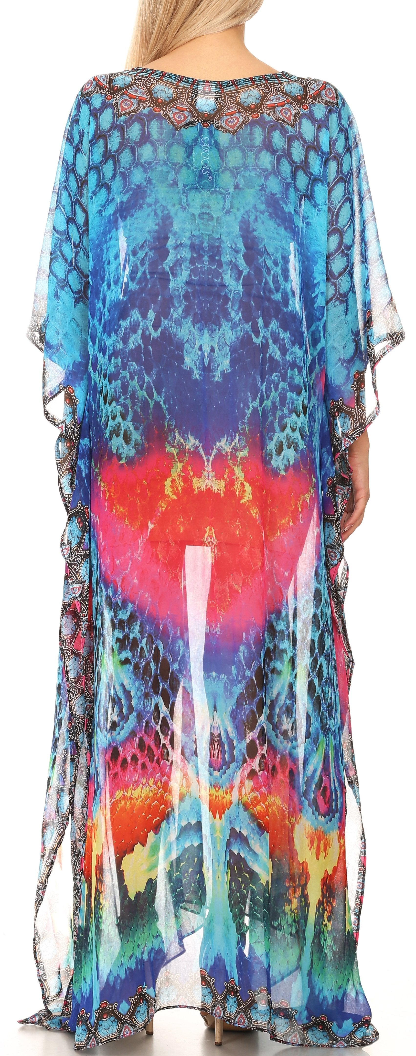 Sakkas Wilder Printed Design Long Sheer Rhinestone Caftan Dress / Cover Up - Concordia Style Boutique