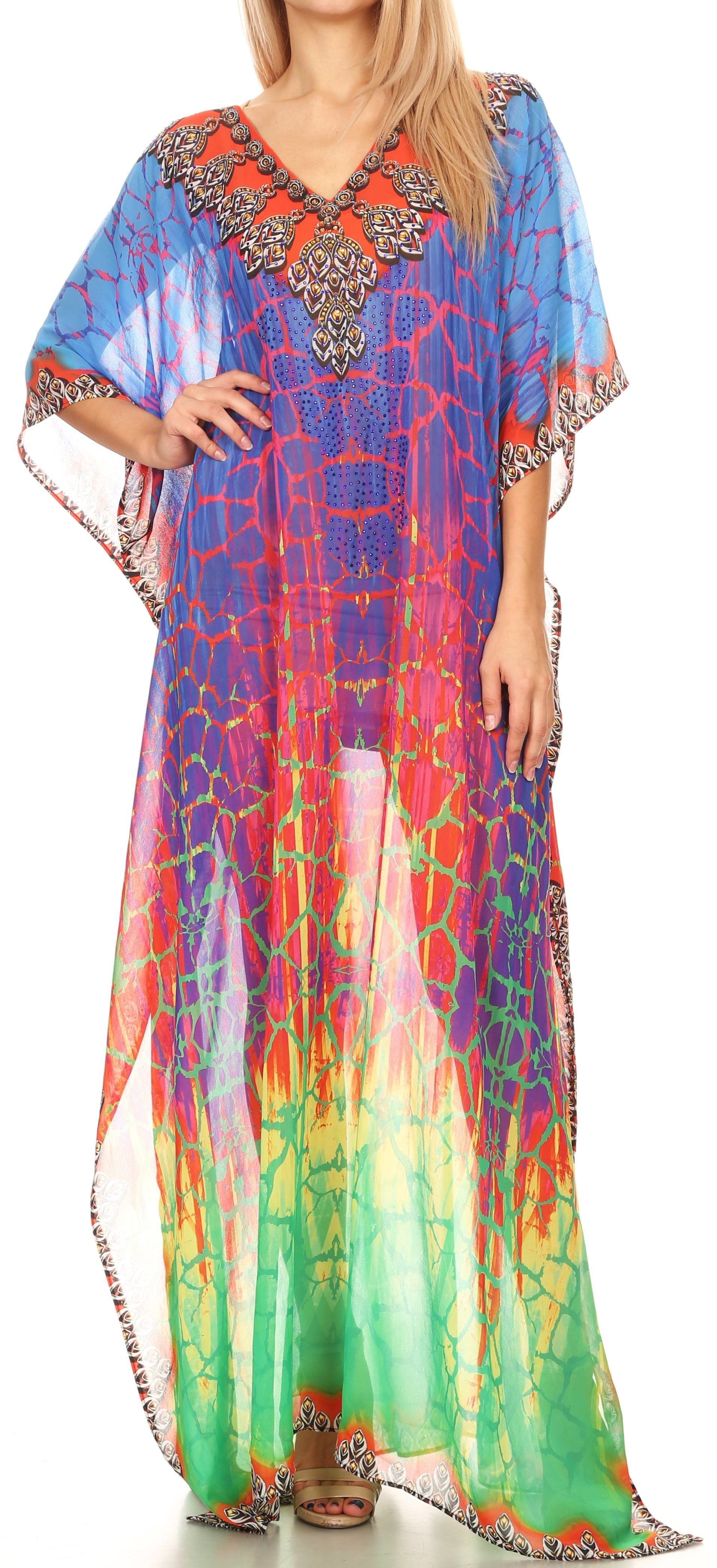 Sakkas Wilder Printed Design Long Sheer Rhinestone Caftan Dress / Cover Up - Concordia Style Boutique