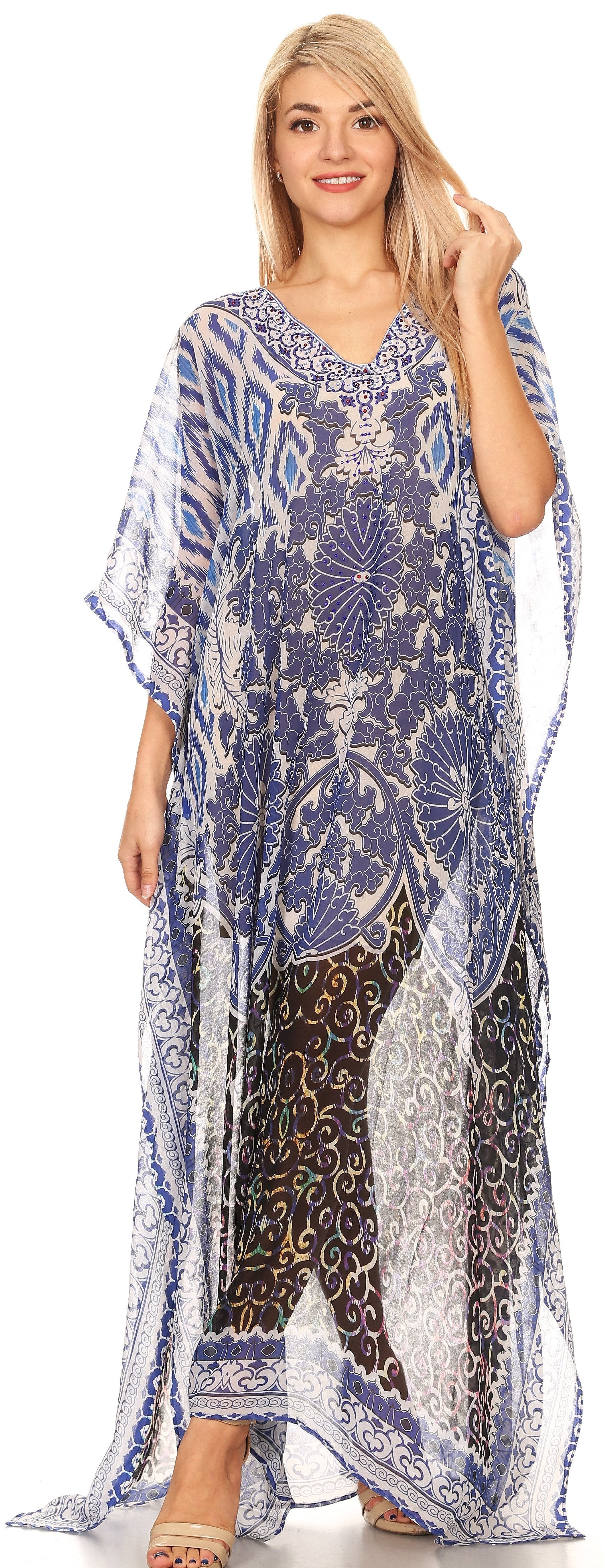 Sakkas Wilder Printed Design Long Sheer Rhinestone Caftan Dress / Cover Up - Concordia Style Boutique