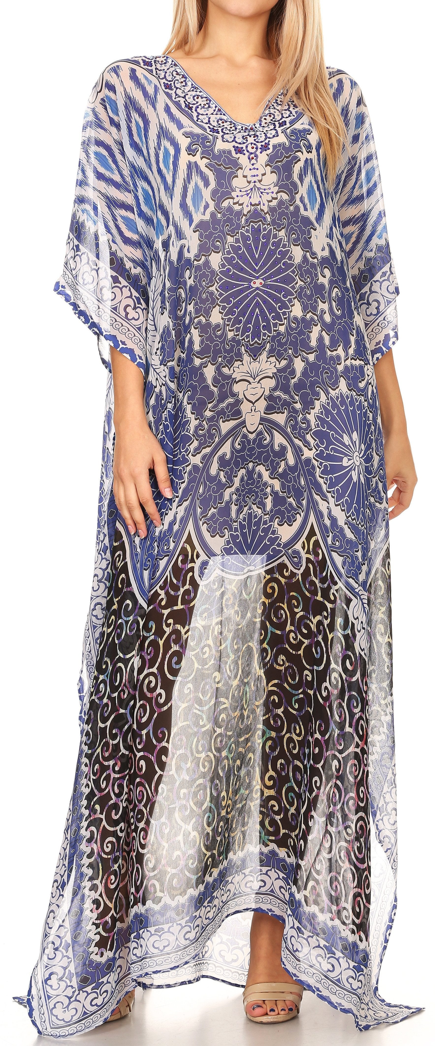 Sakkas Wilder Printed Design Long Sheer Rhinestone Caftan Dress / Cover Up - Concordia Style Boutique
