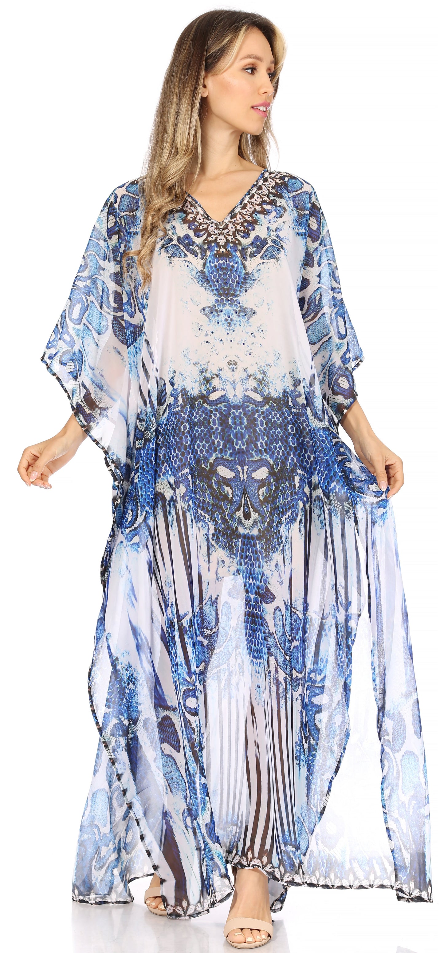 Sakkas Wilder Printed Design Long Sheer Rhinestone Caftan Dress / Cover Up - Concordia Style Boutique
