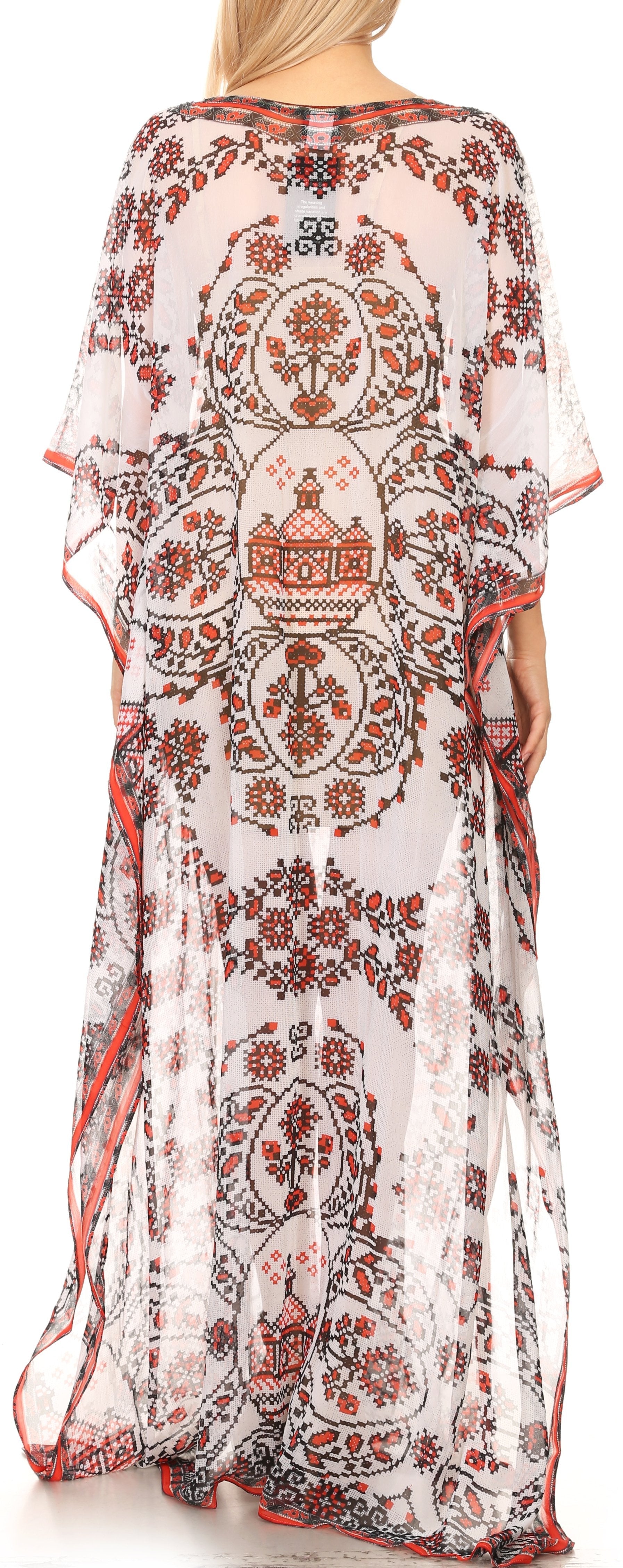 Sakkas Wilder Printed Design Long Sheer Rhinestone Caftan Dress / Cover Up - Concordia Style Boutique