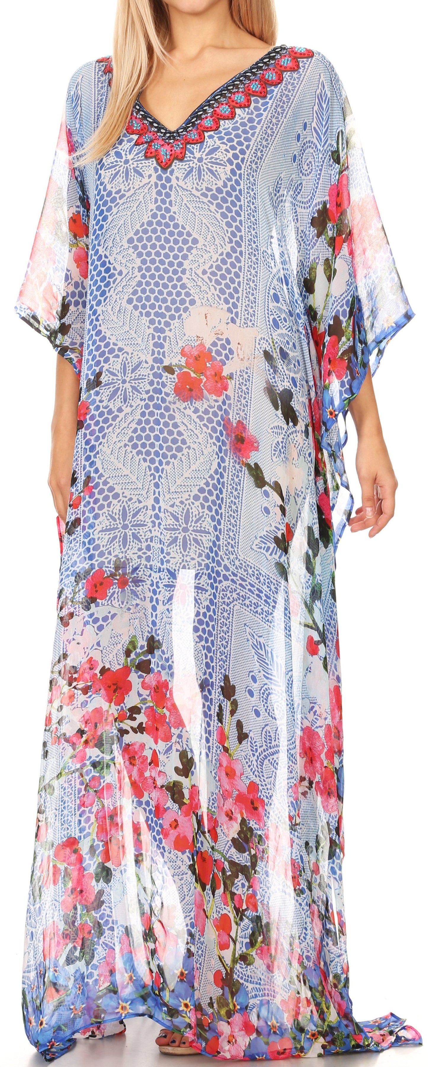 Sakkas Wilder Printed Design Long Sheer Rhinestone Caftan Dress / Cover Up - Concordia Style Boutique