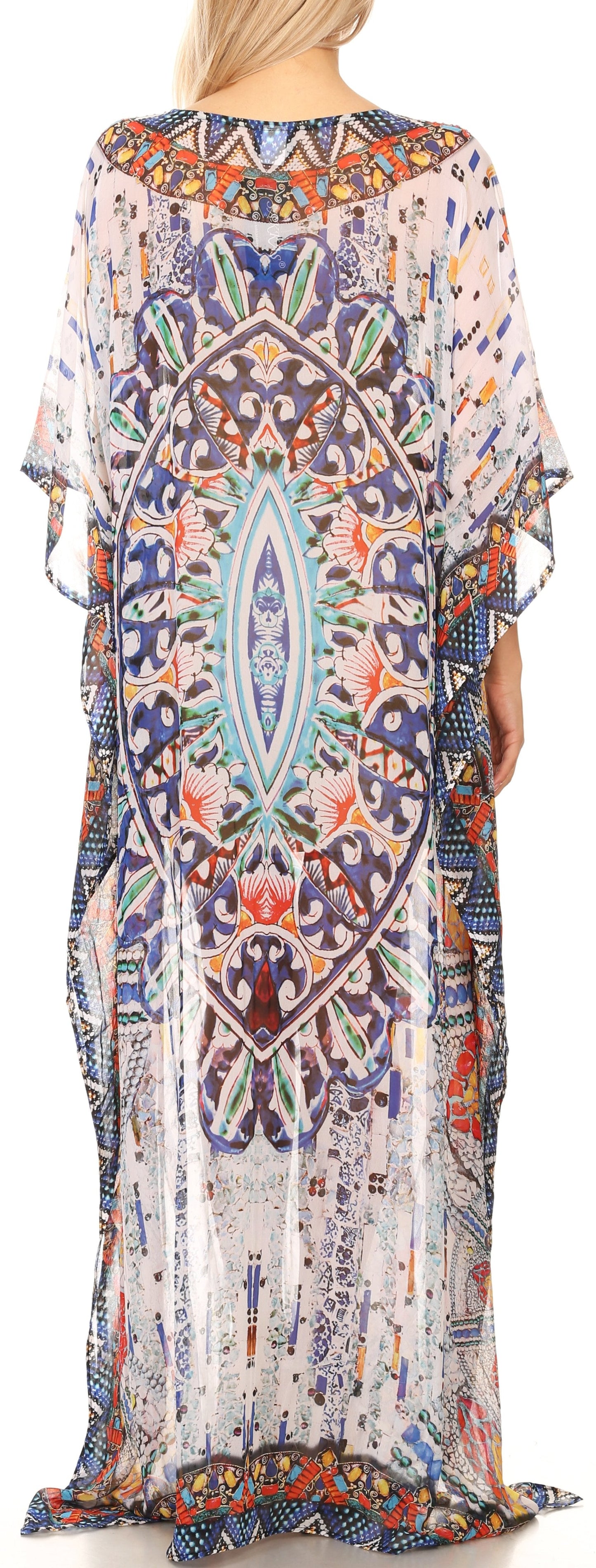 Sakkas Wilder Printed Design Long Sheer Rhinestone Caftan Dress / Cover Up - Concordia Style Boutique