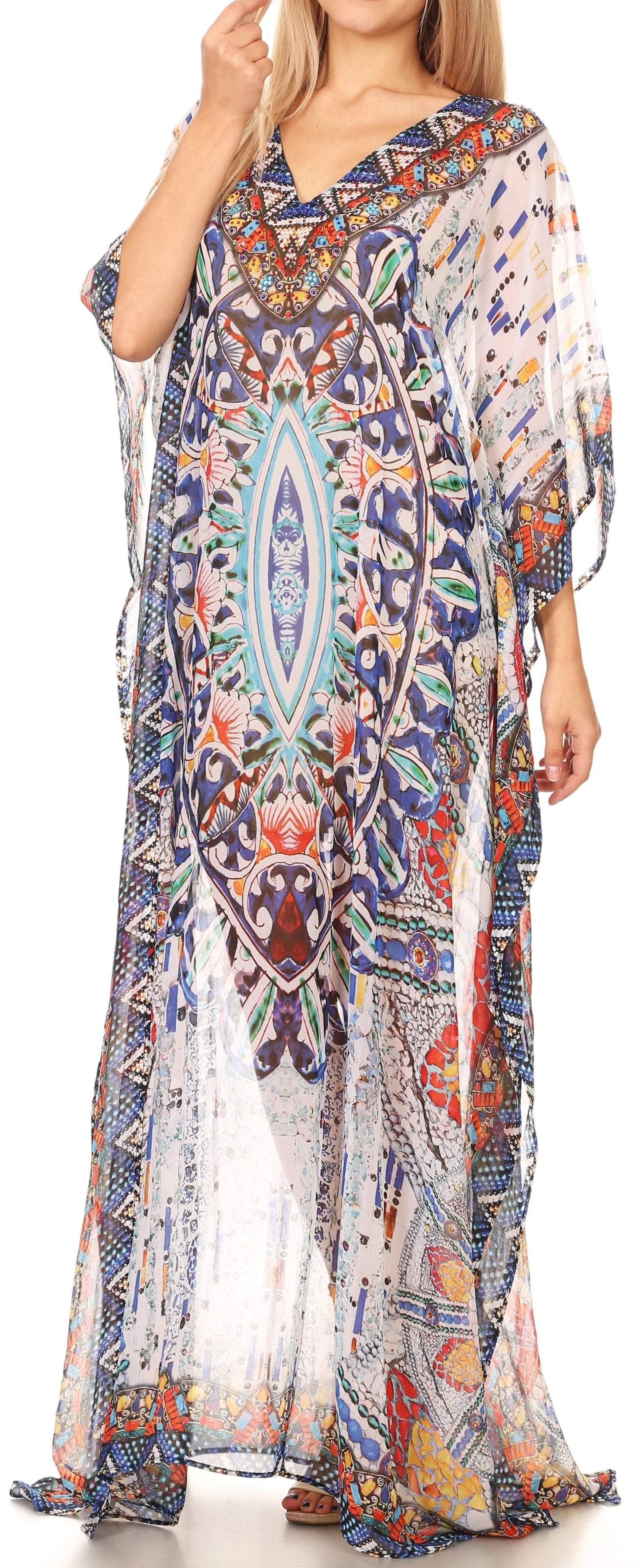 Sakkas Wilder Printed Design Long Sheer Rhinestone Caftan Dress / Cover Up - Concordia Style Boutique