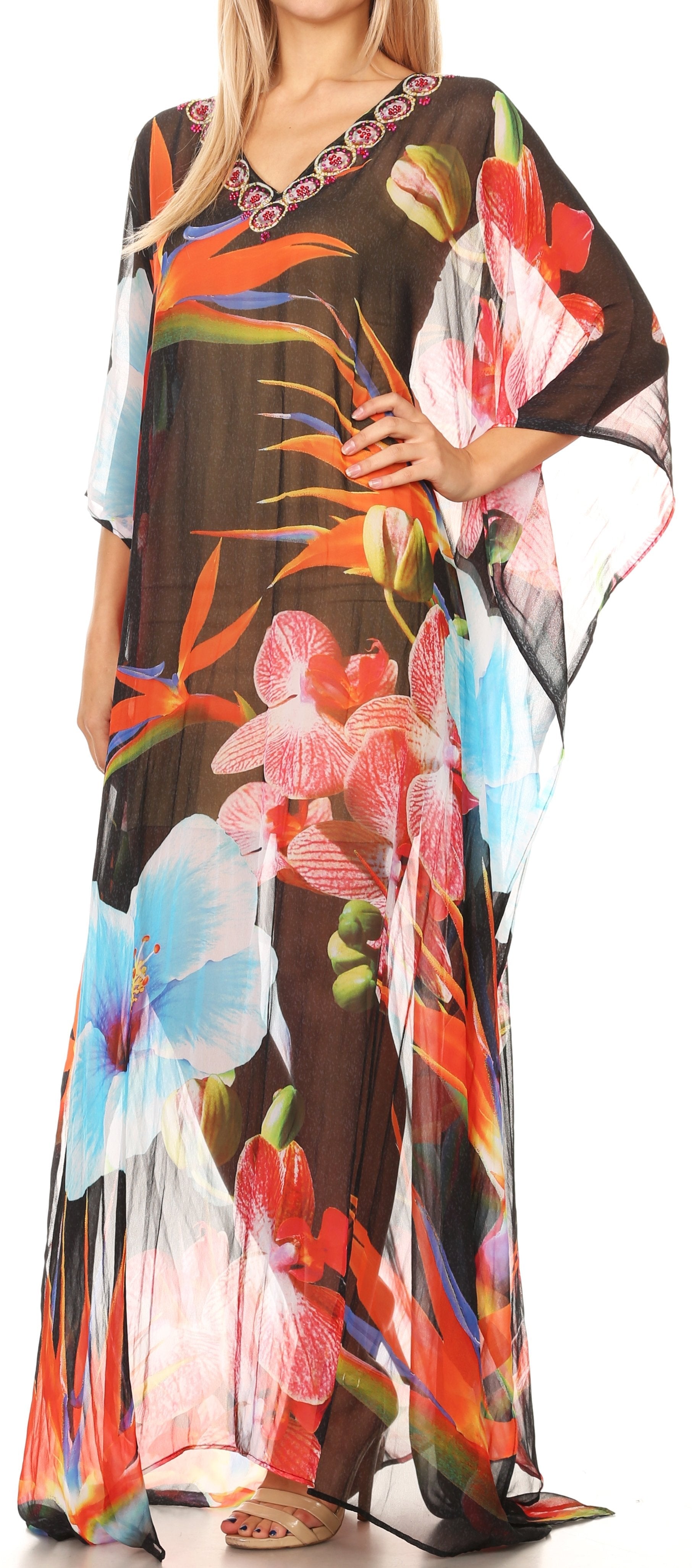 Sakkas Wilder Printed Design Long Sheer Rhinestone Caftan Dress / Cover Up - Concordia Style Boutique