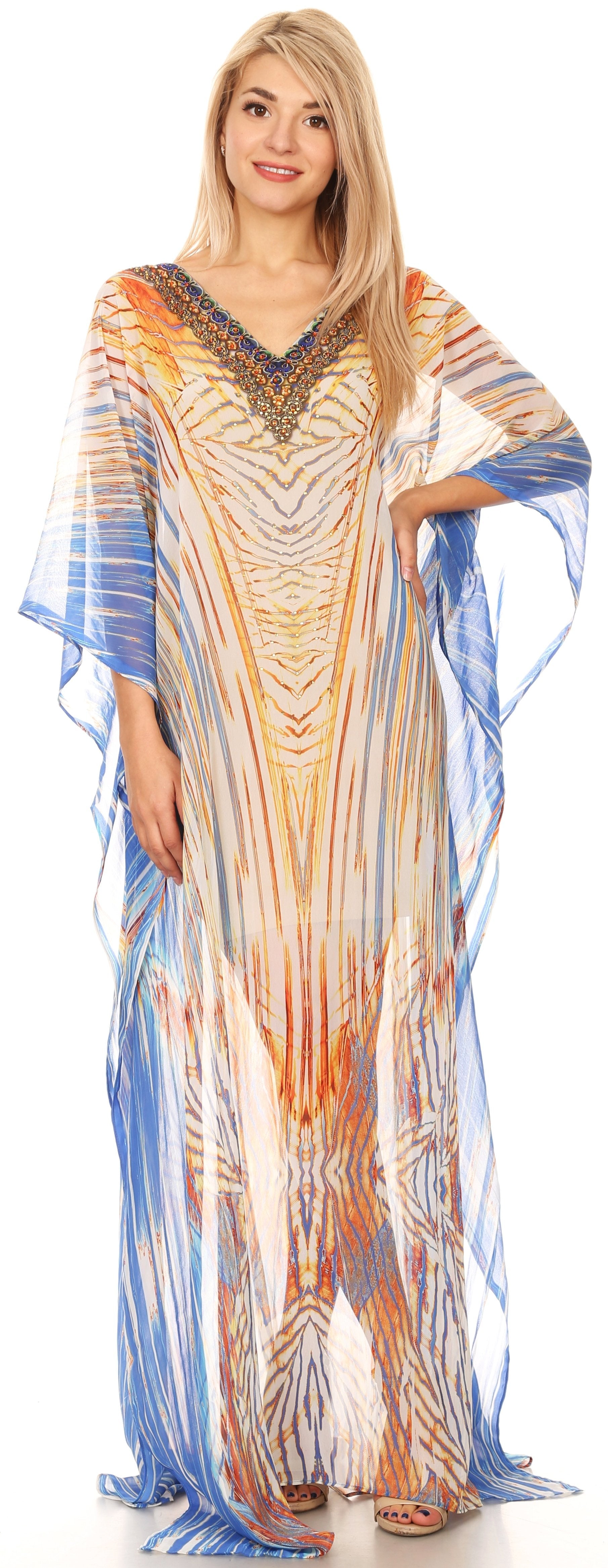Sakkas Wilder Printed Design Long Sheer Rhinestone Caftan Dress / Cover Up - Concordia Style Boutique