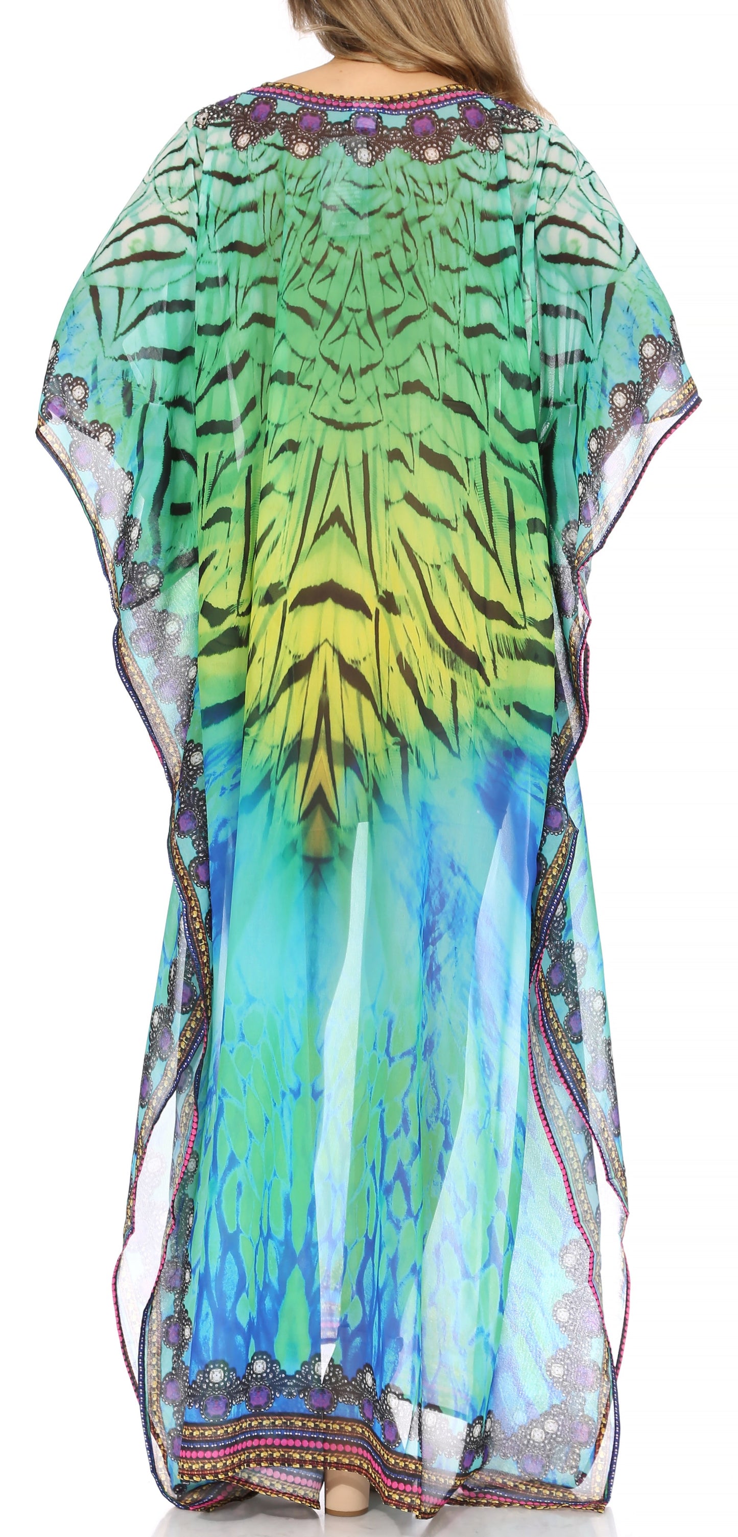 Sakkas Wilder Printed Design Long Sheer Rhinestone Caftan Dress / Cover Up - Concordia Style Boutique