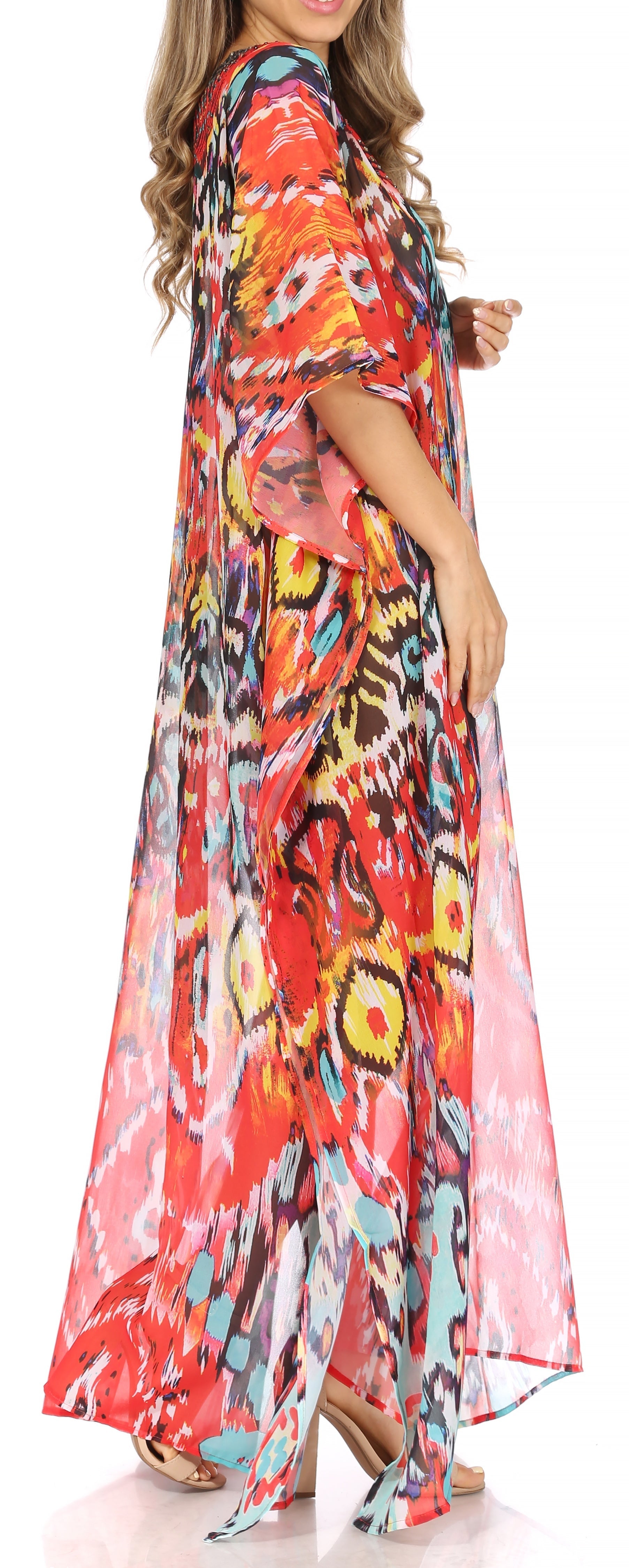 Sakkas Wilder Printed Design Long Sheer Rhinestone Caftan Dress / Cover Up - Concordia Style Boutique