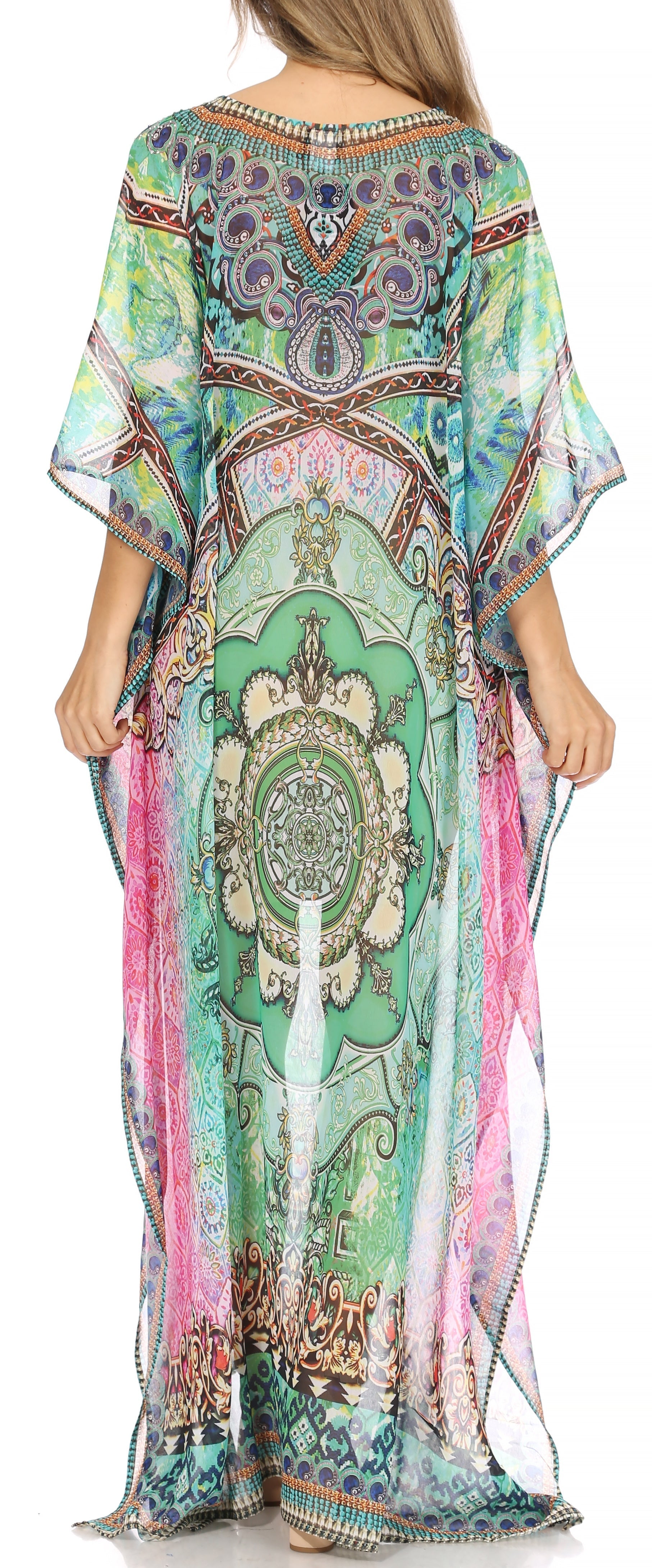 Sakkas Wilder Printed Design Long Sheer Rhinestone Caftan Dress / Cover Up - Concordia Style Boutique