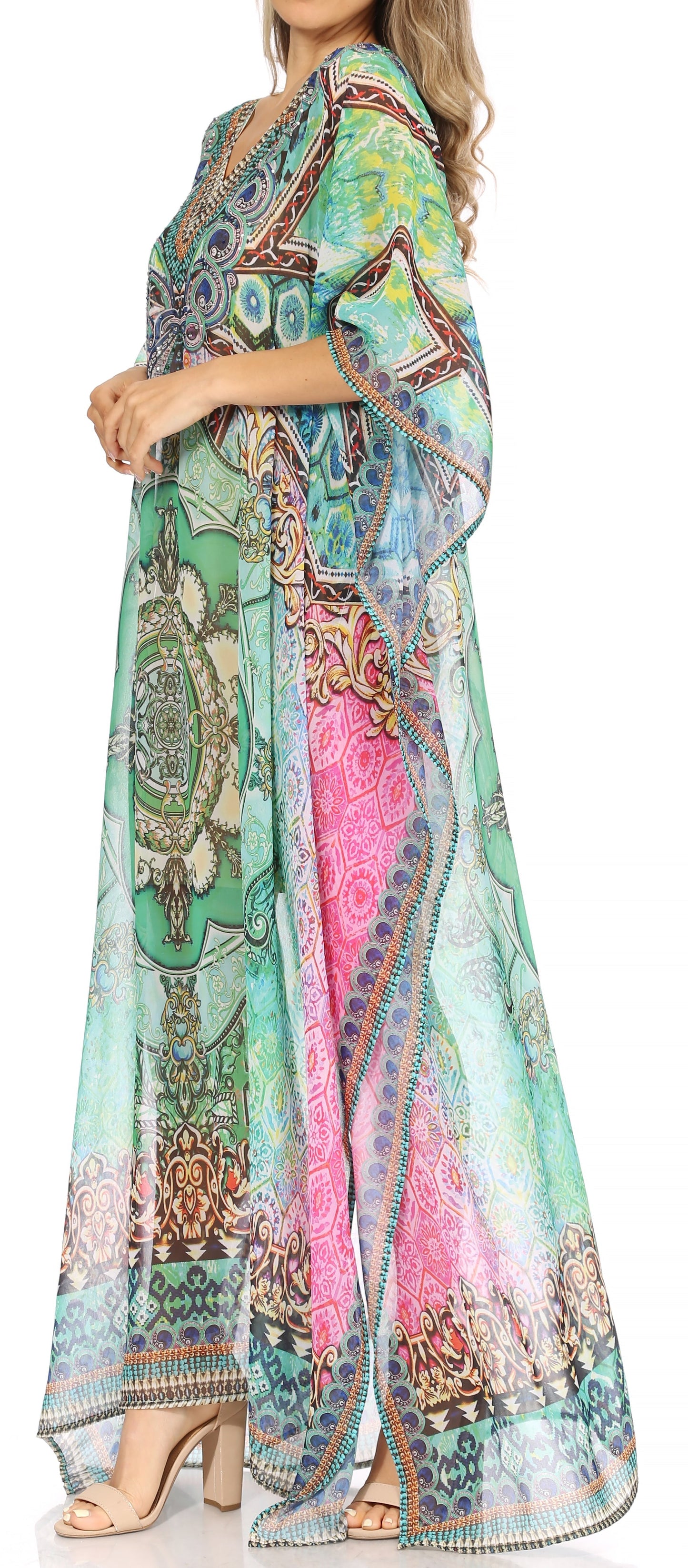 Sakkas Wilder Printed Design Long Sheer Rhinestone Caftan Dress / Cover Up - Concordia Style Boutique